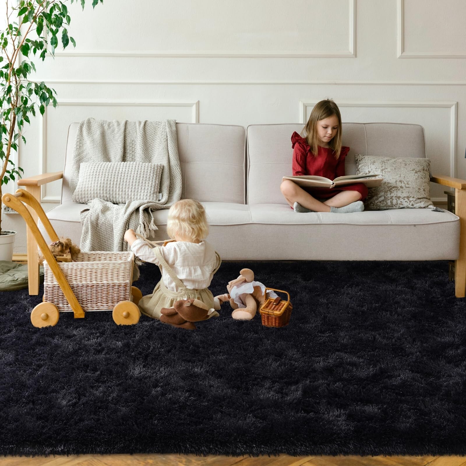8×10 ft Black Fuzzy Rug for Living Room Soft Fluffy Bedroom Area Rugs Non-Sli…