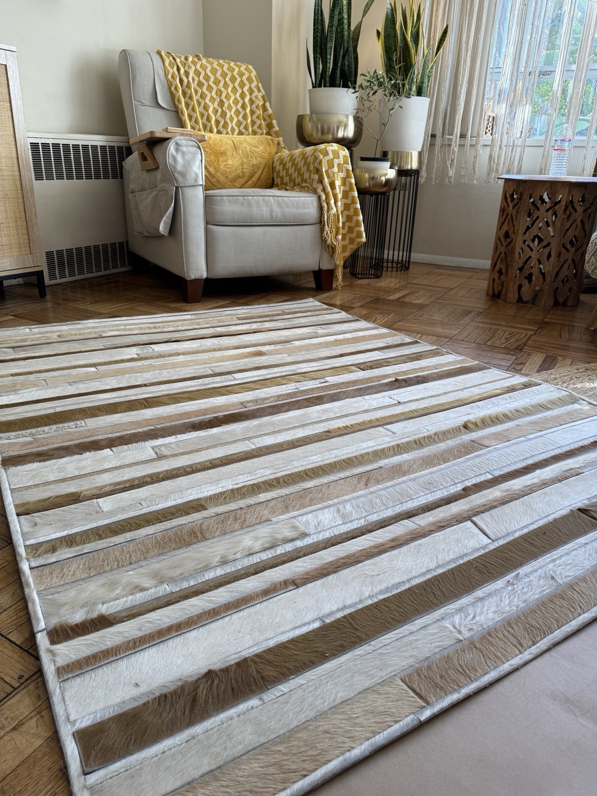 Kyle Bunting Rug Handmade Hide Leather Patchwork Beige/ Brown Shades 51” X 69”