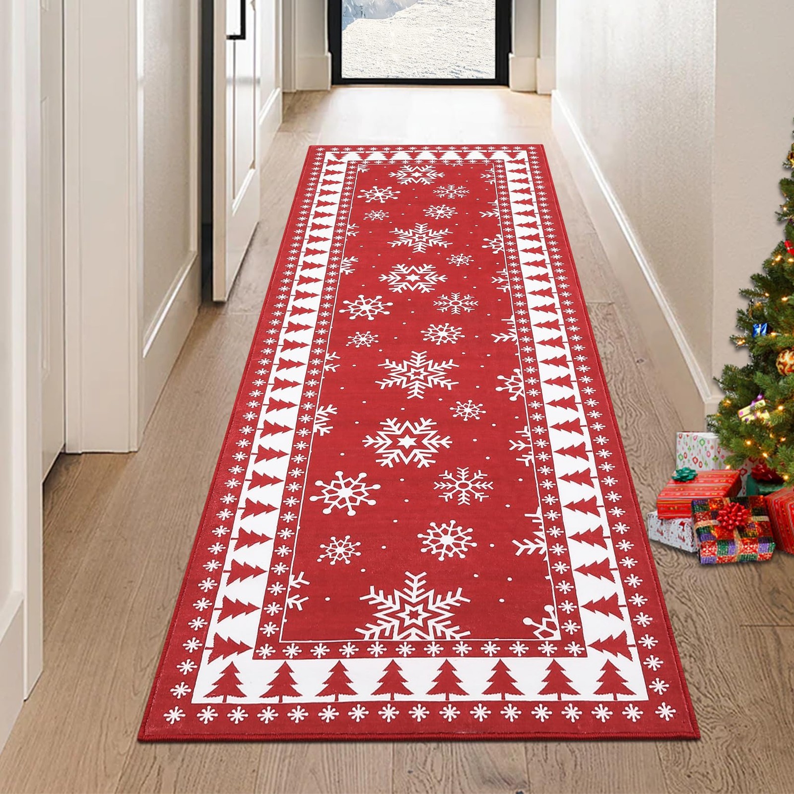 2x8ft Christmas Runner Rug, Washable Non-Slip Rug Hallway Mat with Snowflake