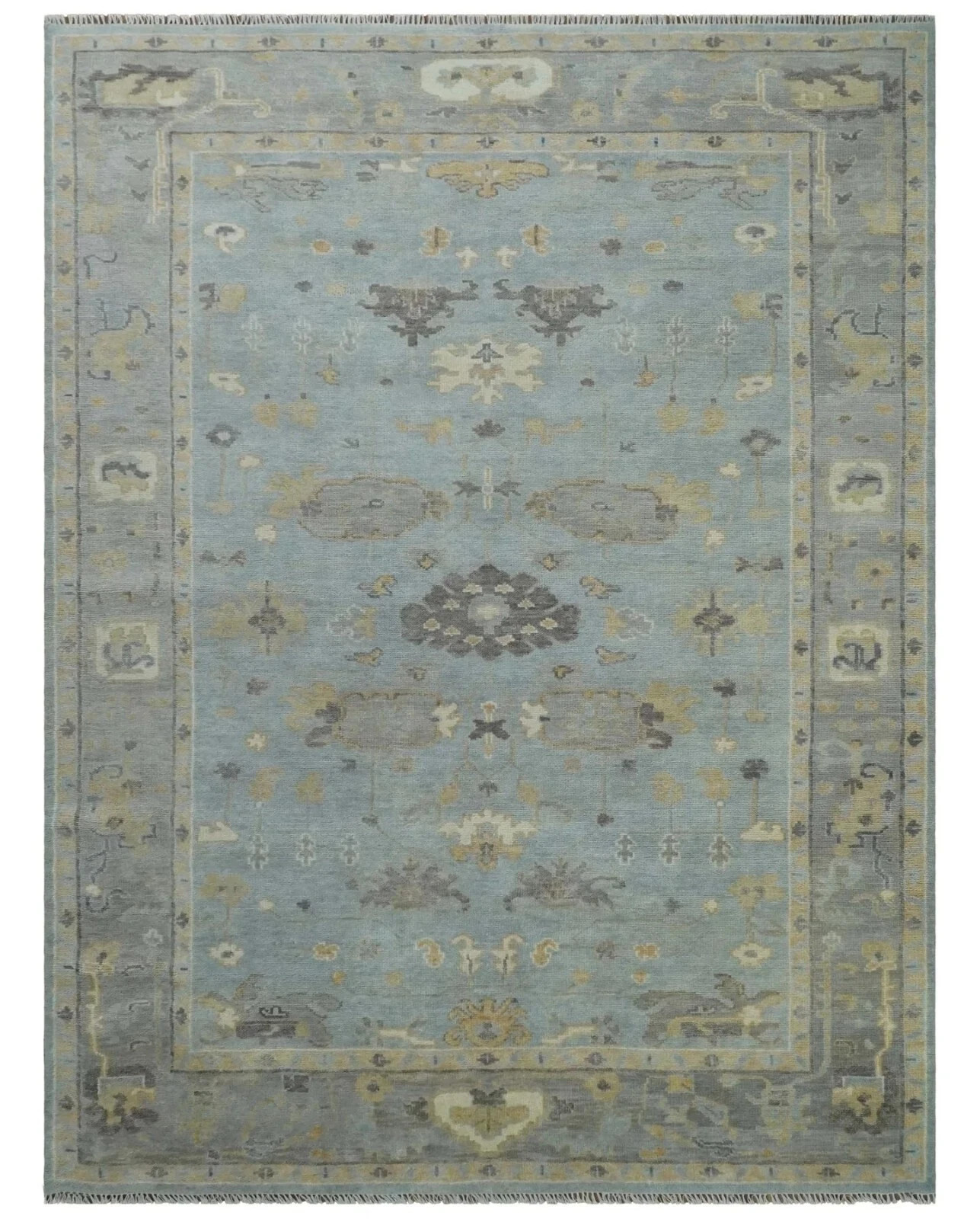 Hand Knotted Oushak Rug Blue Gray Turkish Wool Area Rug Vintage Style