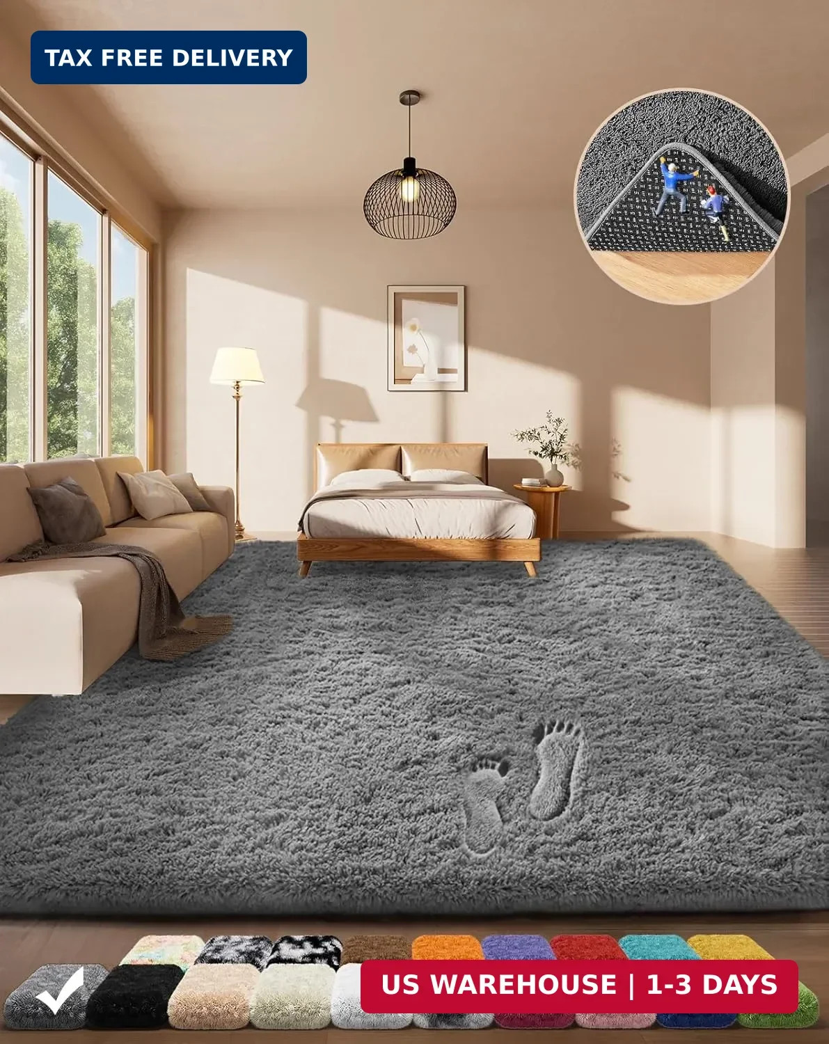 Grey Shag Area Rug 4×6 Washable Non Slip Fluffy Soft Plush Bedroom Living Room