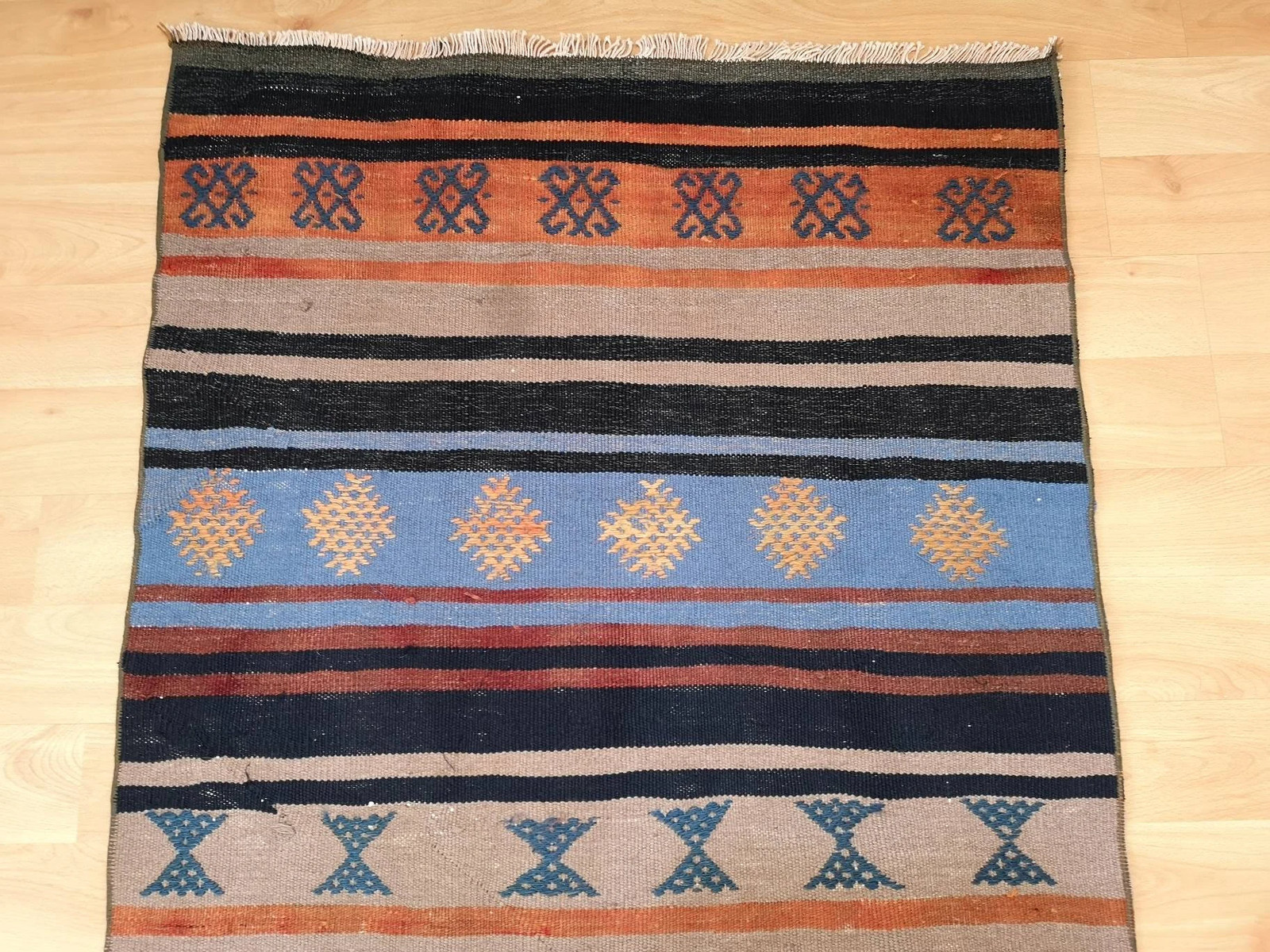 Blue Handmade Kilim Runner Rug, Vintage Turkish Ethnic Rug (2.6 x 10.9 ft)