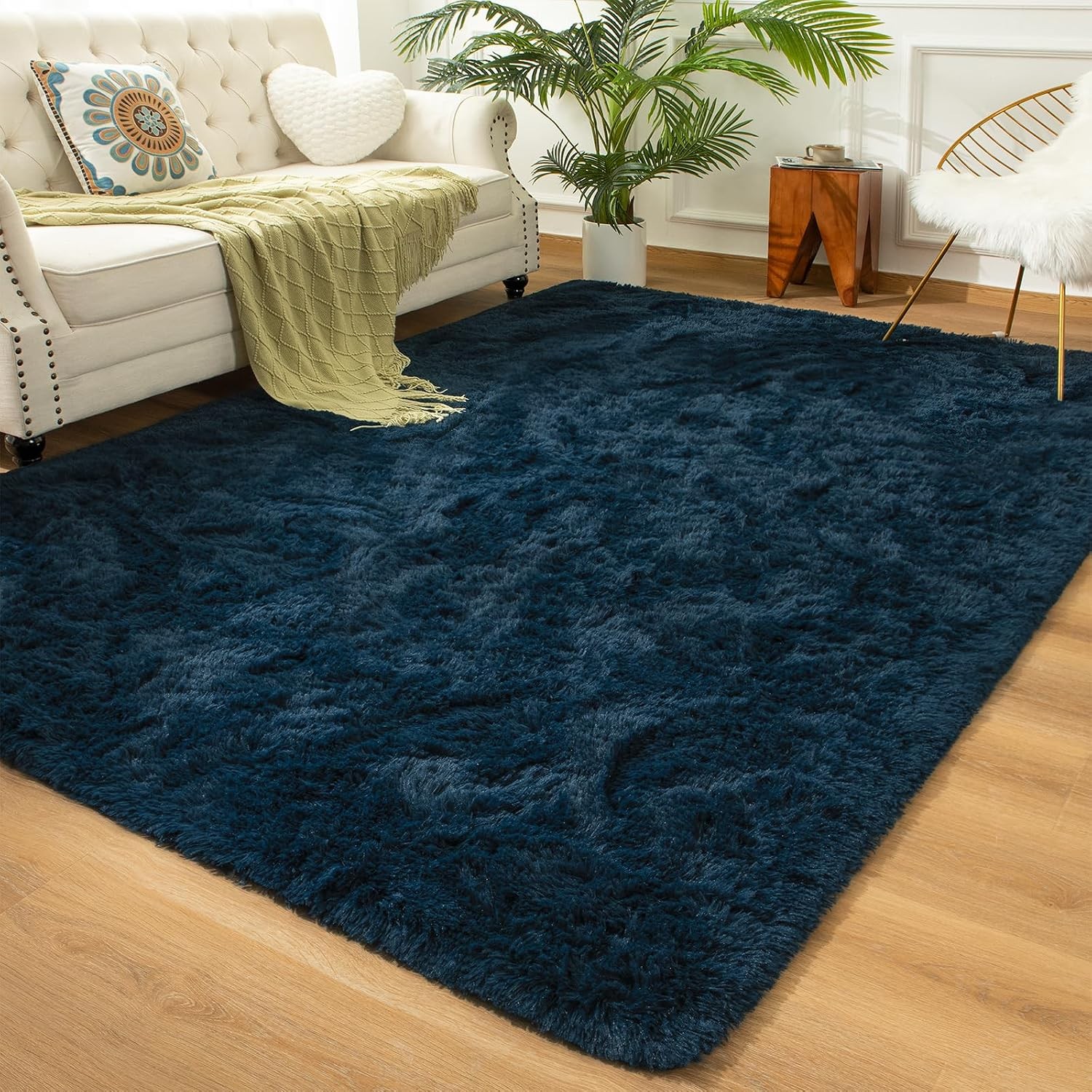 Shag Area Rug for Living Room, 5×8 Feet Soft Fluffy 5 ft x 8 ft Navy Blue