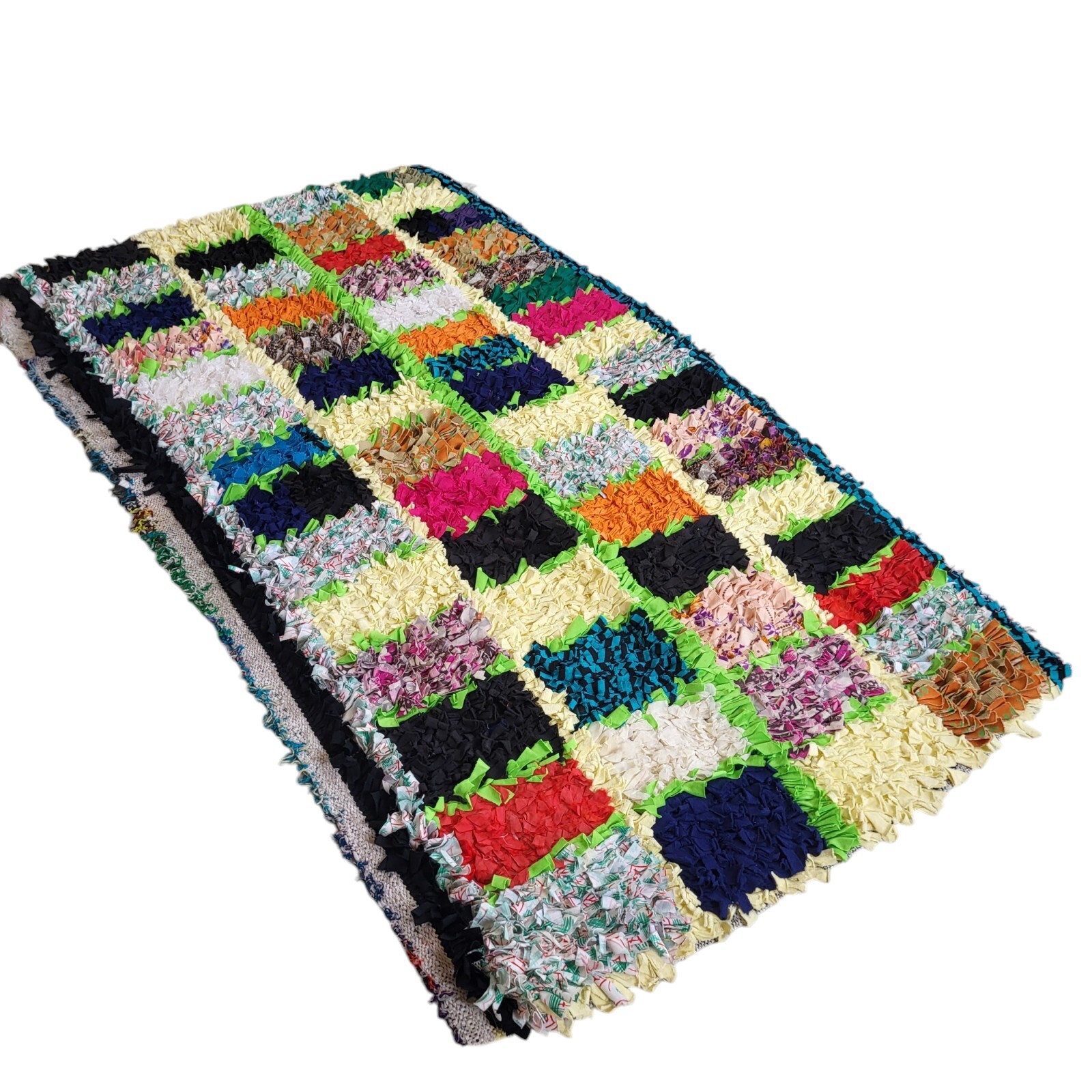 Vintage Handmade Moroccan Fringe Rug 5’4″x3’1″ Colorful Patchwork Design Carpet