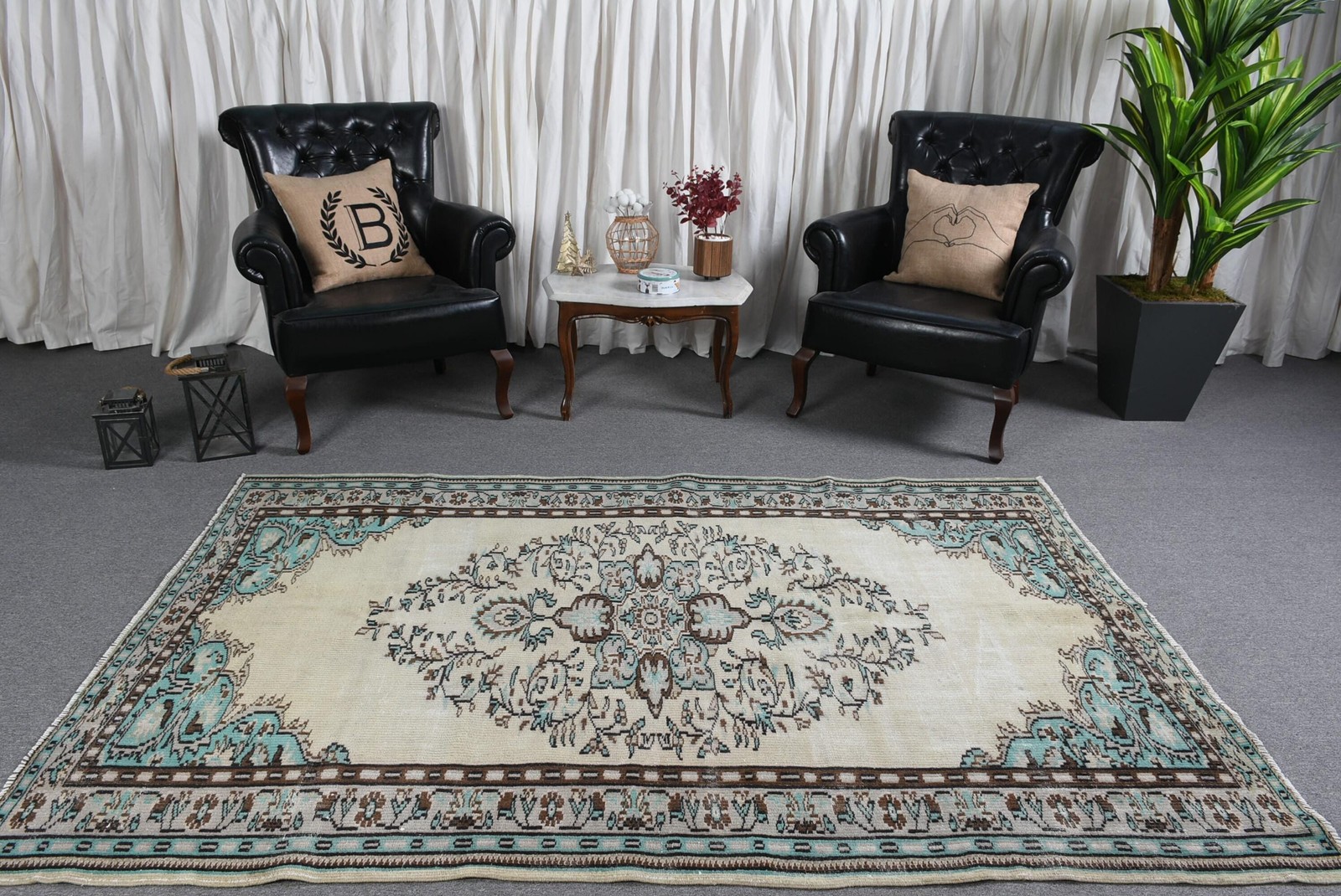 5,1×7,9 ft Large Turkish Rug, Vintage Rug, Blue Brown Southwestern Wool Rug