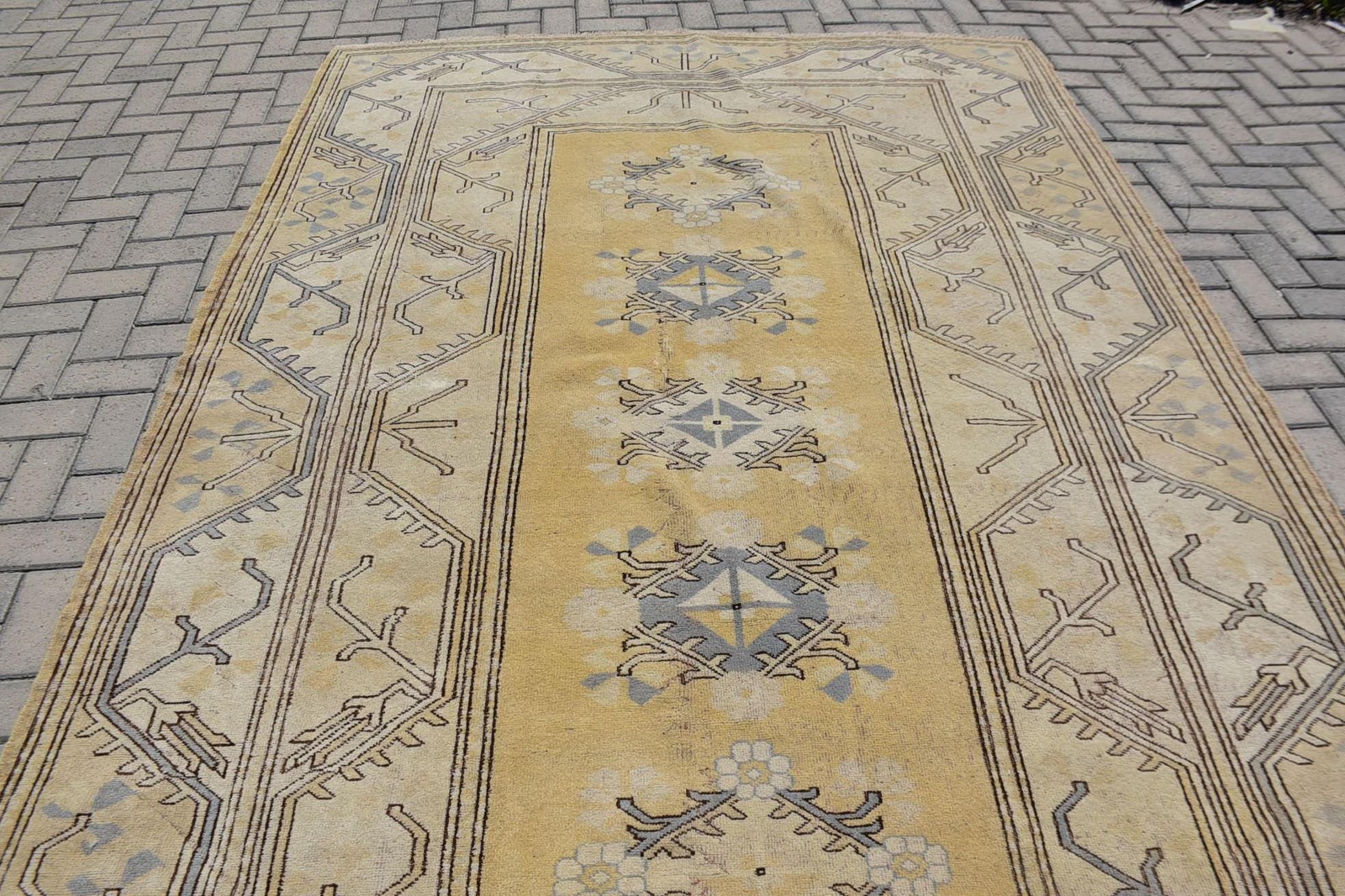 Turkish Large Rug, 6,6×10,4 ft Vintage Rug, Beige Patchwork Wool Rug