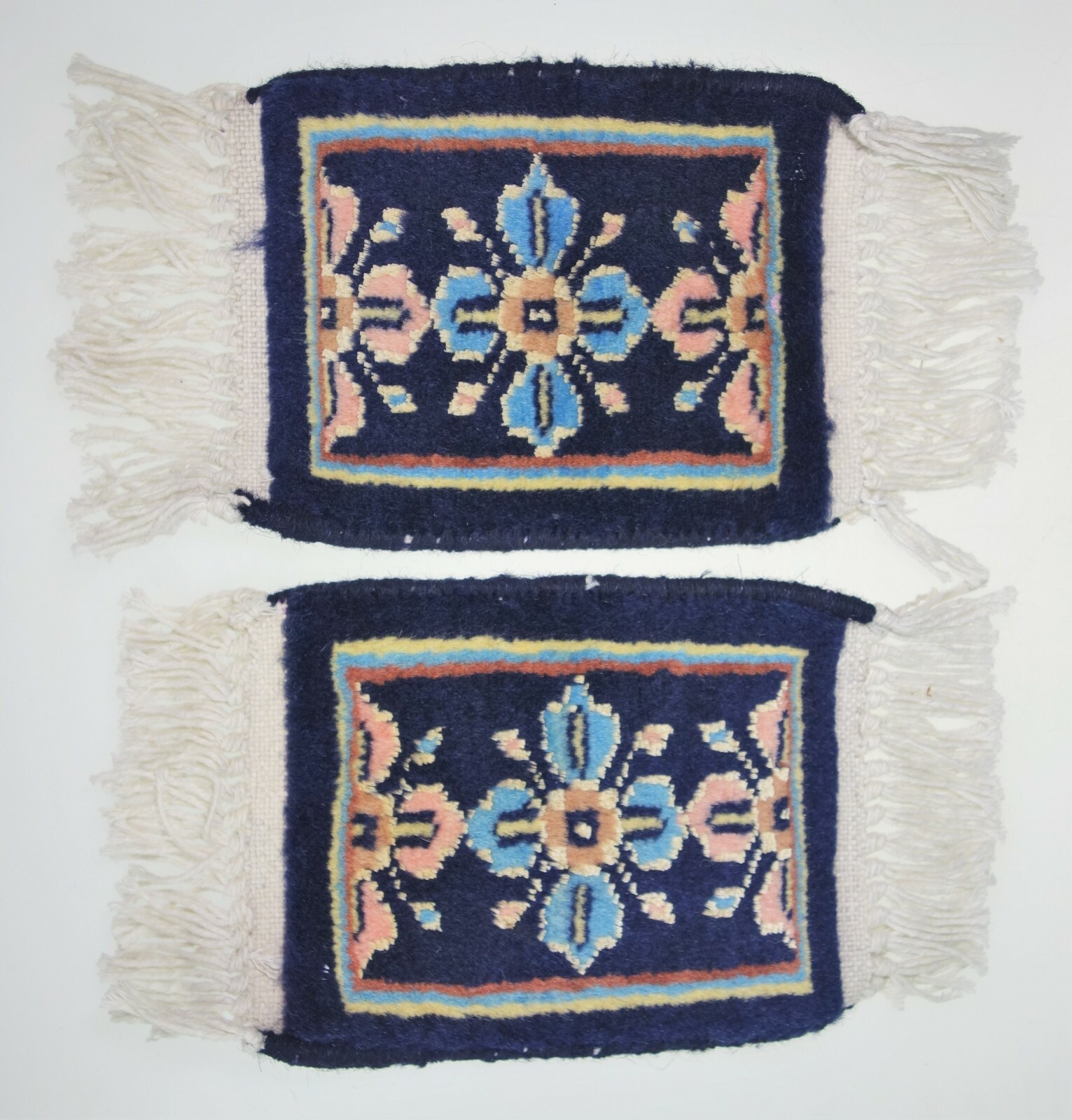 2 Small Mini Carpets 11”x6” Blue Wool Fringe DollHouse Coaster Rug Renaissance A