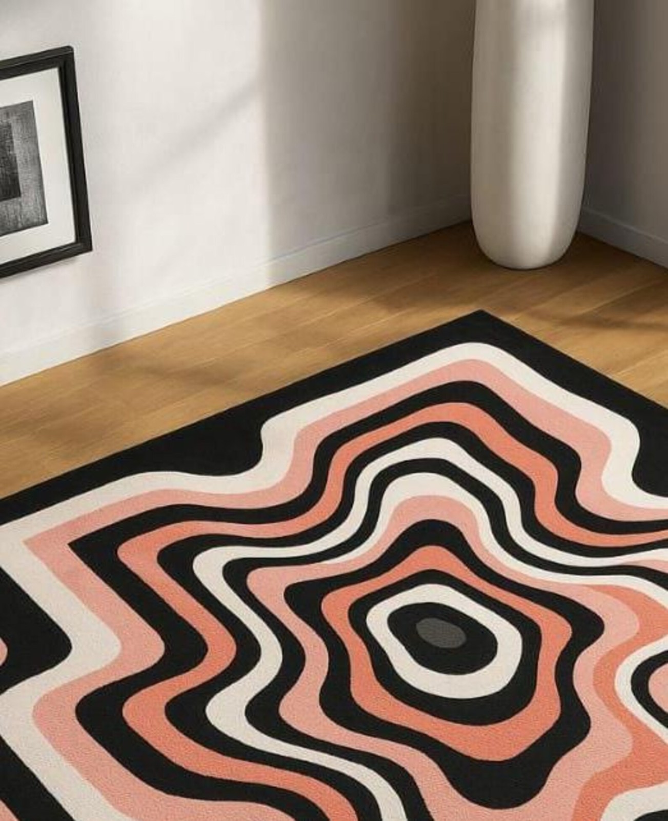 Psychedelic Wavy Area Rug: Retro Trippy Pink Black White Carpet
