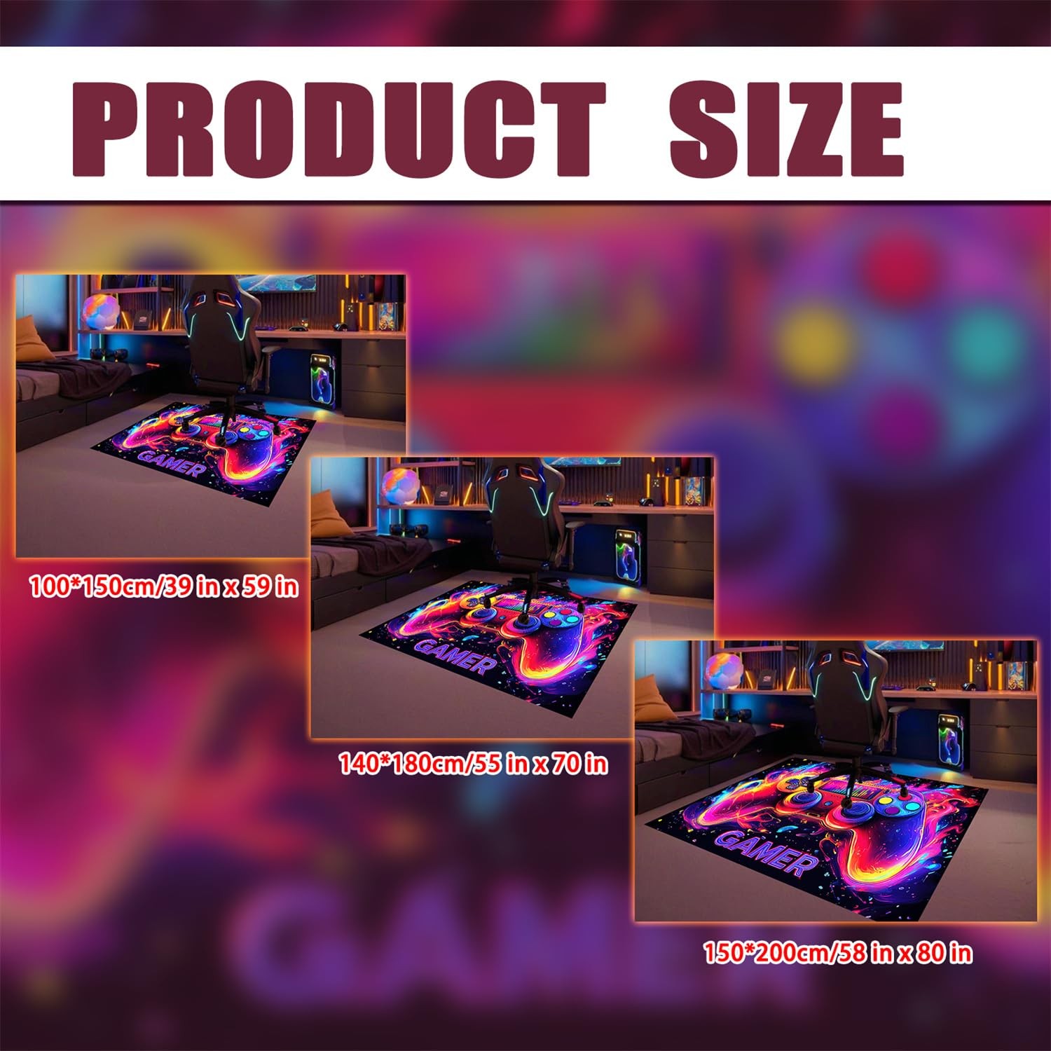 Gamer Rug for Boys Room Gaming 3×5 Colorful Video Game Carpet Playroom Mat