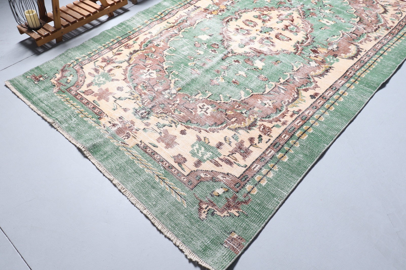 Turkish Large Rug 5,8×9,8 ft (178×299 cm), Vintage Green Striped Wool Rug