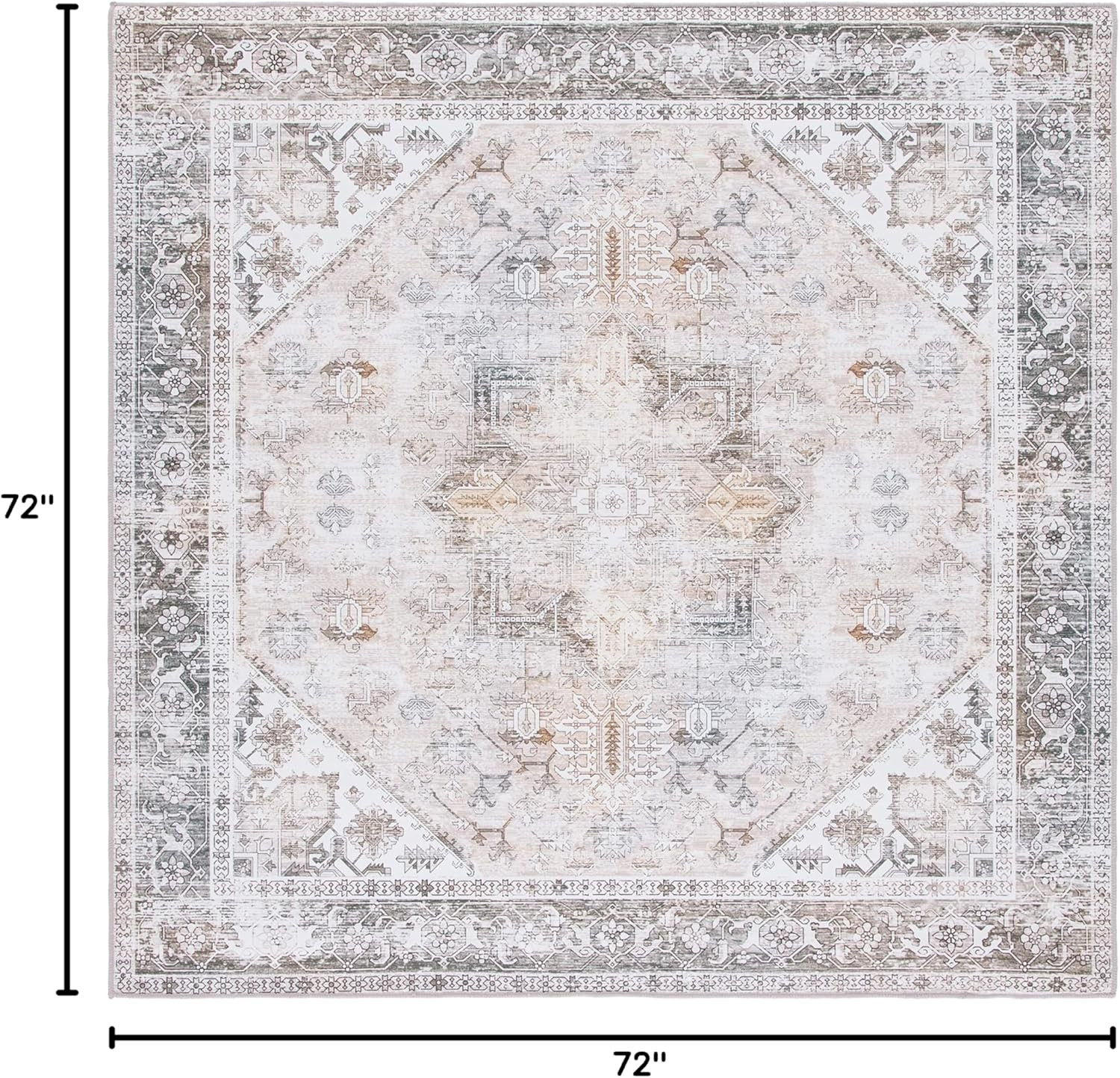 Tucson Washable 6′ Square Rug – Beige & Grey, Slip Resistant, Easy Clean