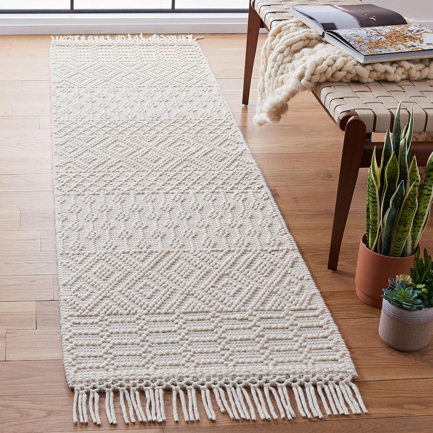 Handmade Moroccan Boho Runner Rug 2’3″ x 22′ – Ivory Wool Fringe