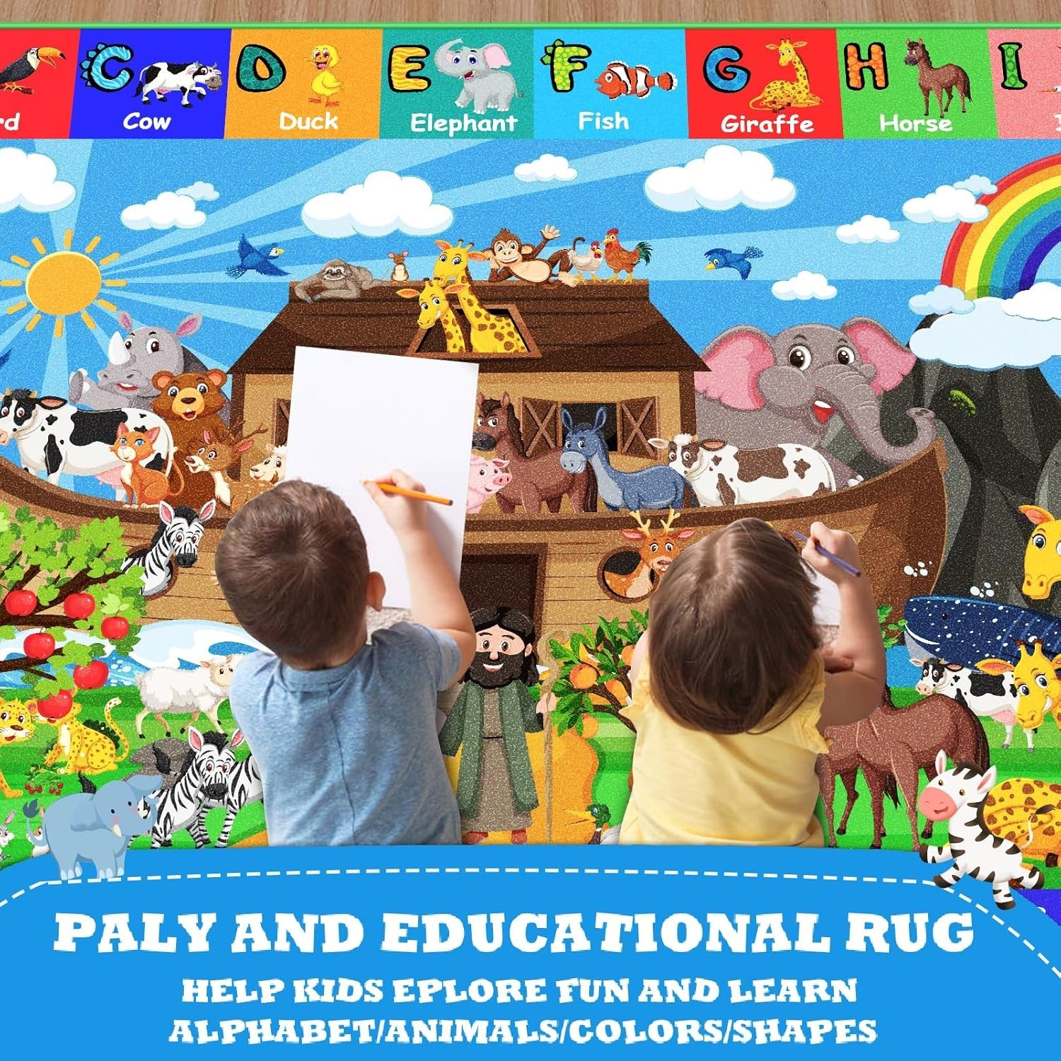 ABC Kids Rug for Playroom 59×39.4 in Noah’s Ark Animals Rug Baby Play Mat