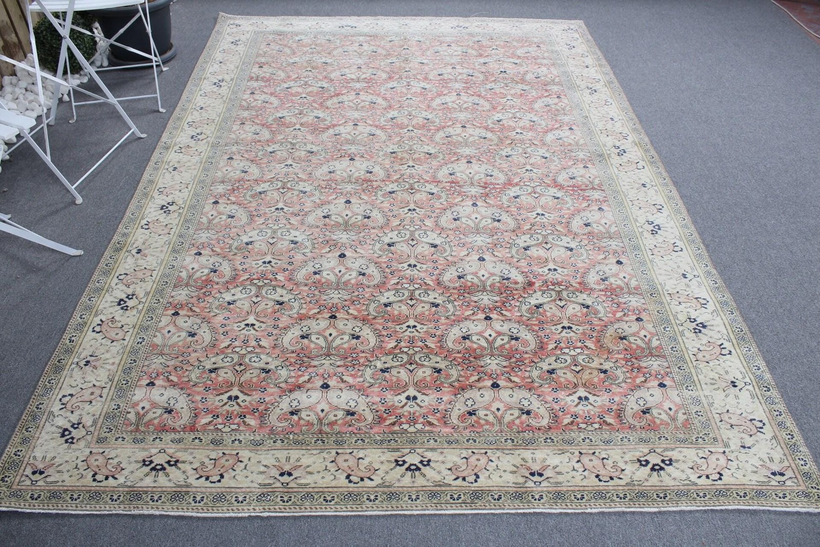 Turkish Vintage Rug, 6,3×9,3 ft Rug, Pink Beige Abstract Wool Rug