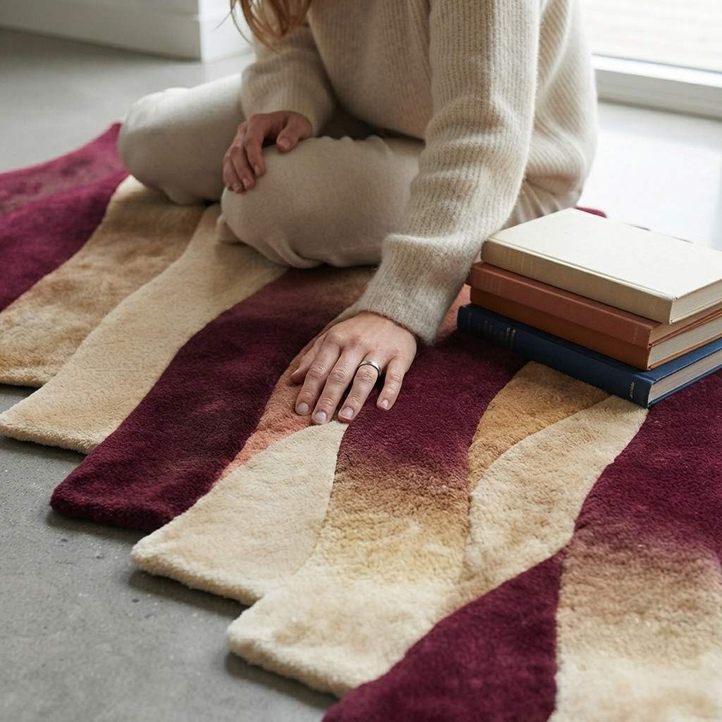 Modern Abstract Burgundy Wool Rug Hand Tufted Irregular Area Rugs Ivory Carpet