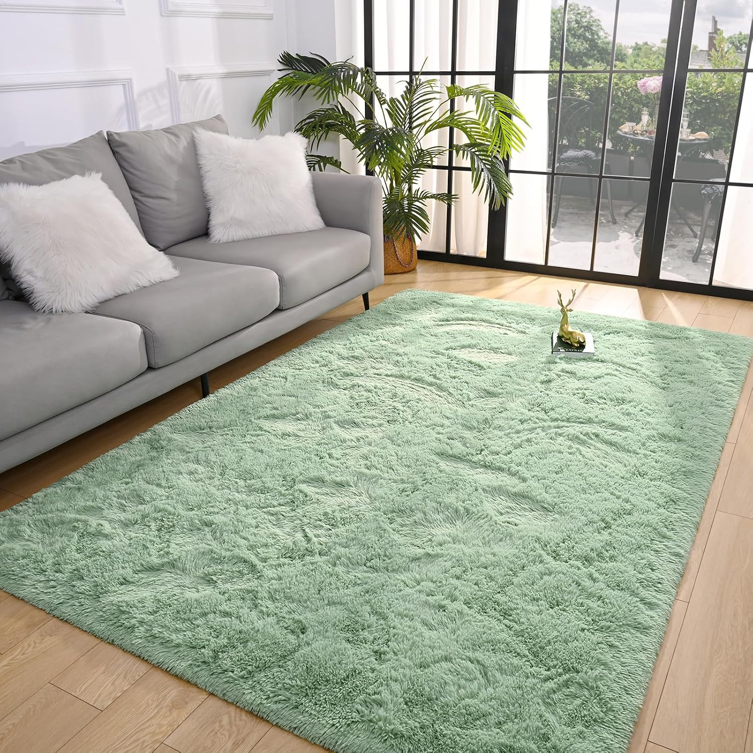 Fluffy Sage Green Area Rug for Bedroom Living Room, 4X6 Feet Soft Plush Fuzzy Ru