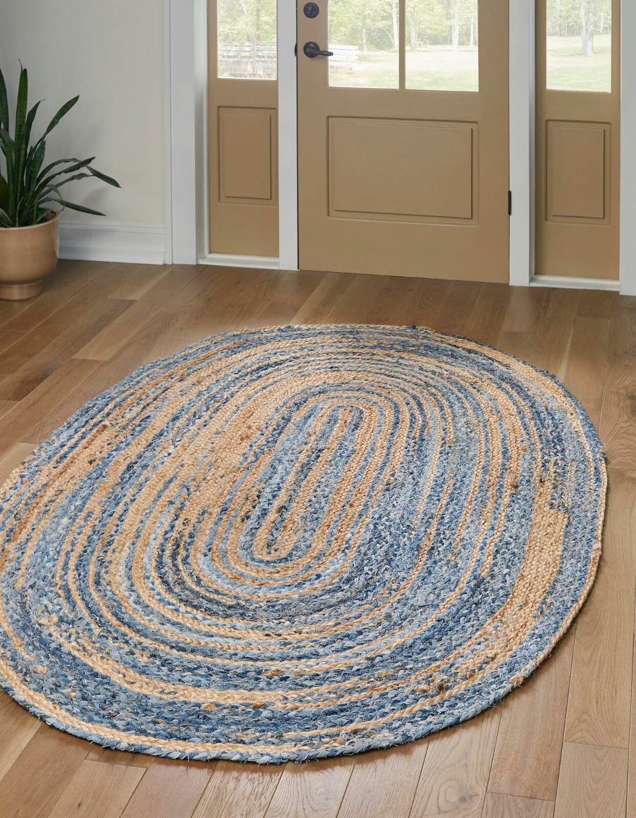 Oval Rug Natural Denim Jute Braided Style Carpet Handmade Rustic Look Area Rug
