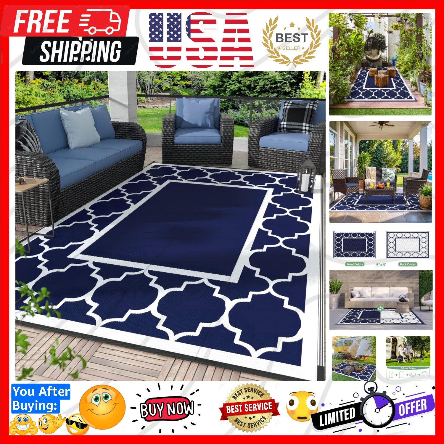 5′ x 8′ Outdoor Mat – Stylish Camping & Patio Essential – Easy to Clean & Store