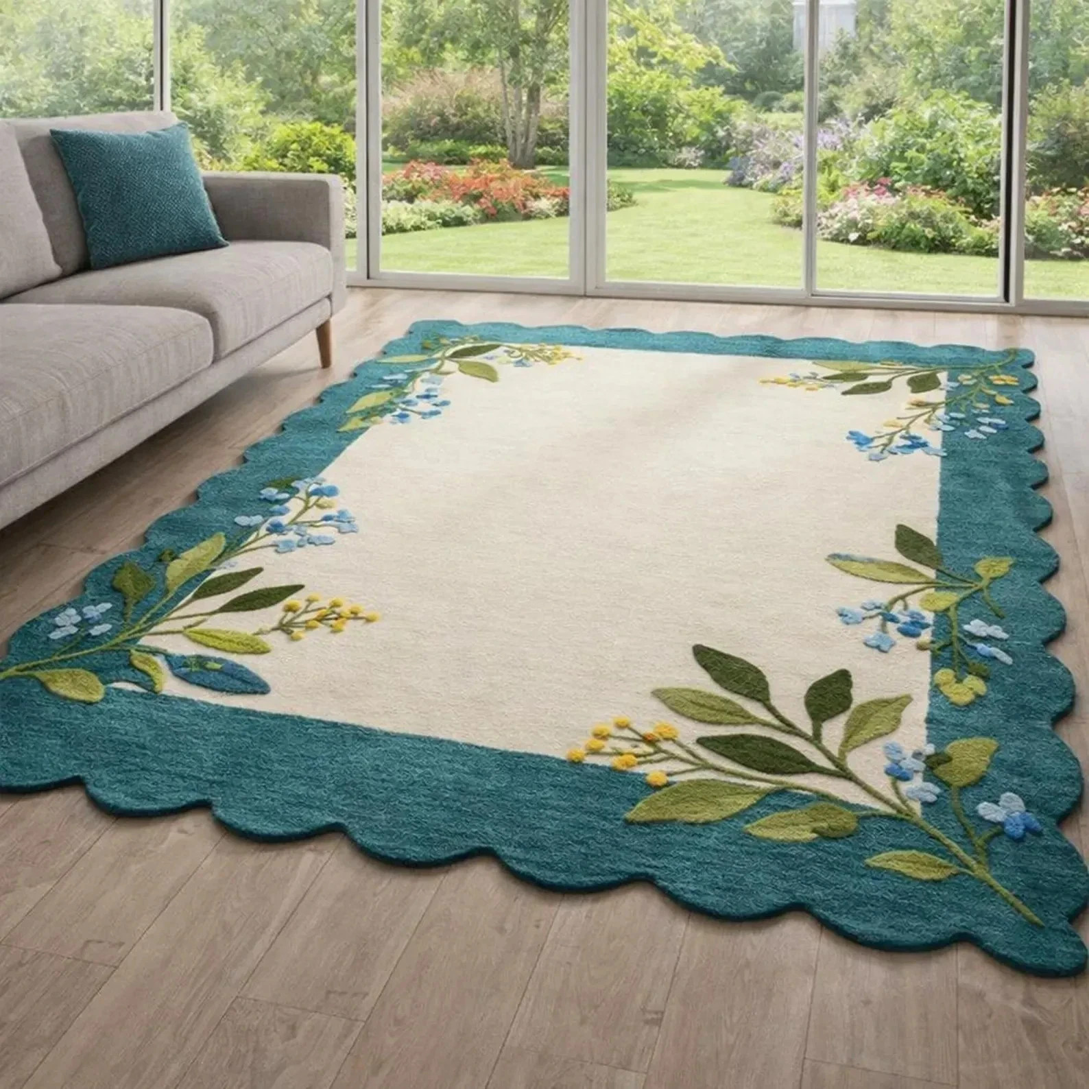 Eegant Floral Border Hand Tufted Wool Rug – Cream & Teal Garden Inspired Design