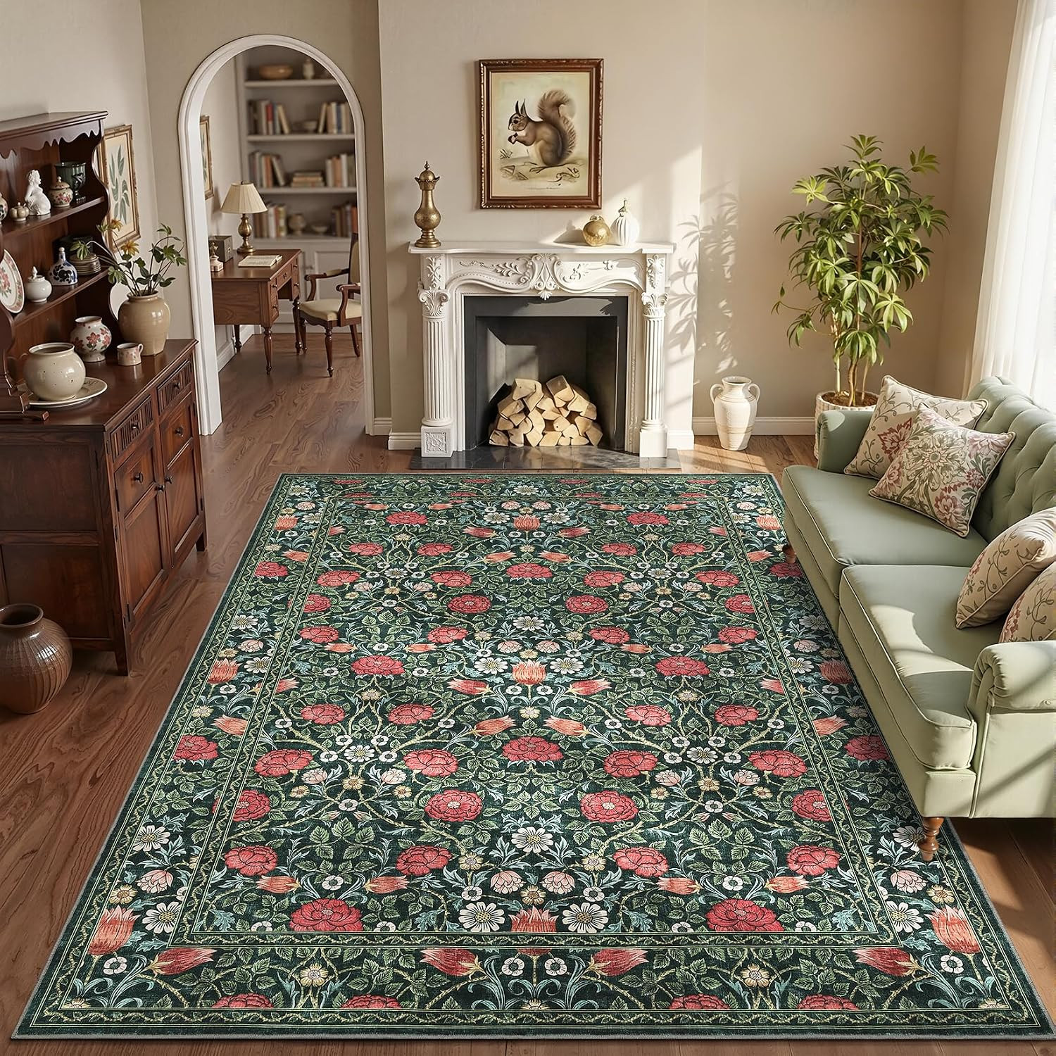 Green Floral 6X9 Area Rug for Bedroom Living Room Washable Dinning Room