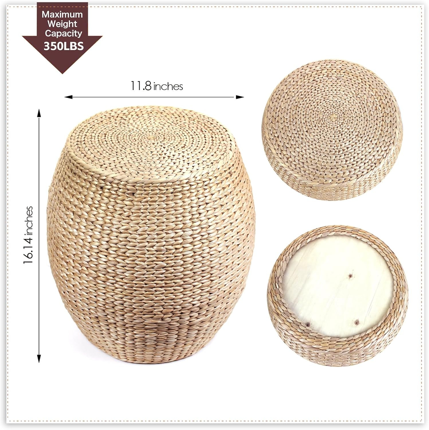 Round Handwoven Cattail Pouf Ottoman | Natural Braided Footstool, Boho Woven Flo