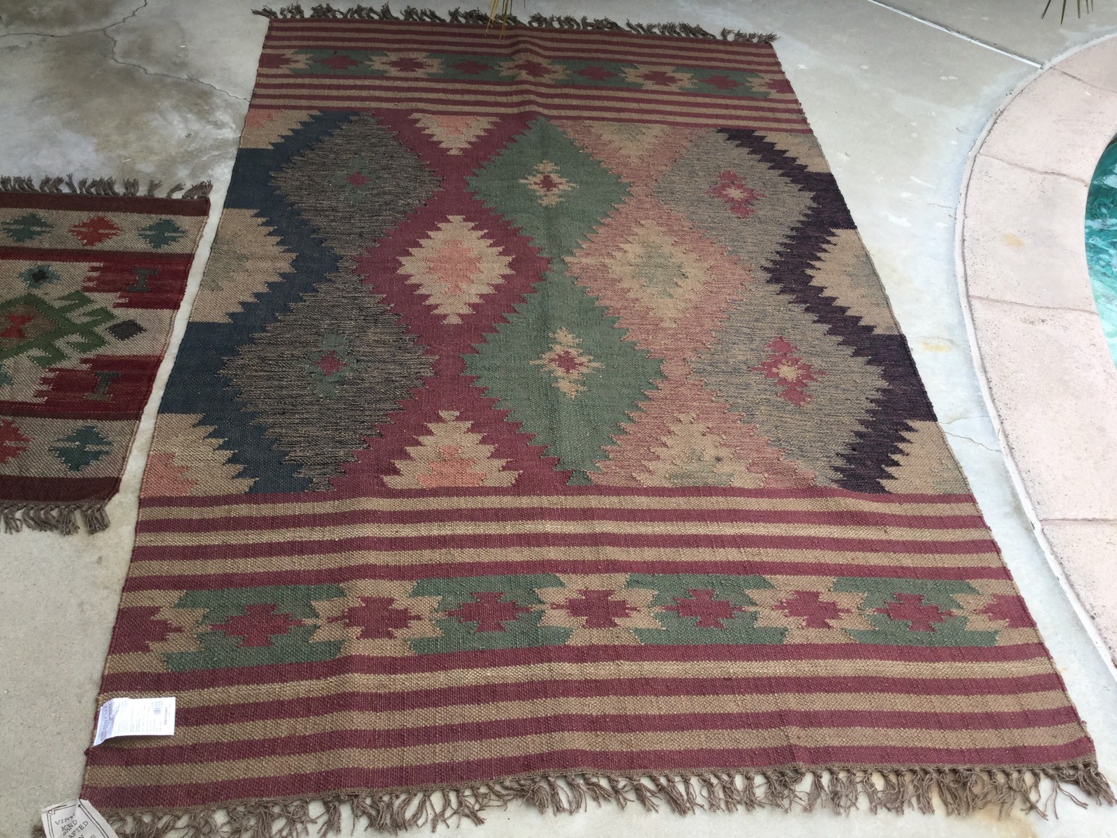 NWT Southwest Design Pattern Kilim Rug Jute/wool Fringe Area Rug Reversible 5×8
