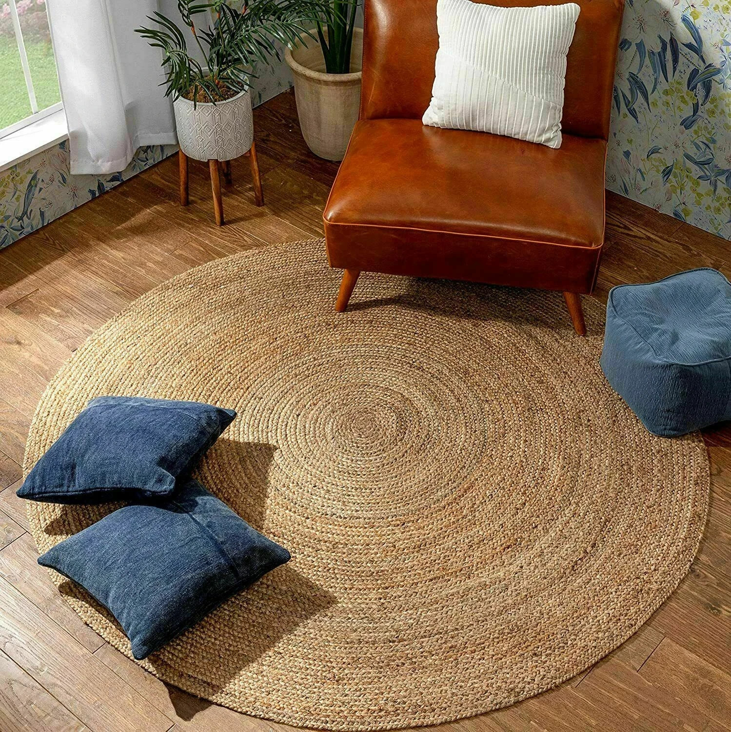 Rug Round 100% Natural Jute Hand Braided Style Reversible Modern Rustic Look Rug