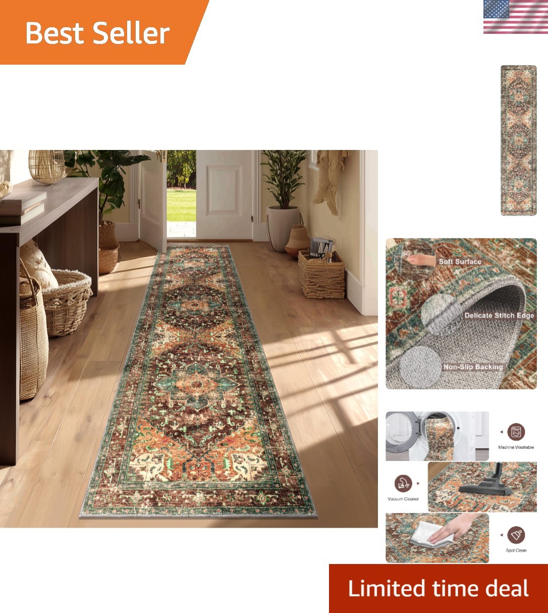 Durable 2×8 Non-Slip Runner Rug – Vintage Floral Design for Entry & Kitchen
