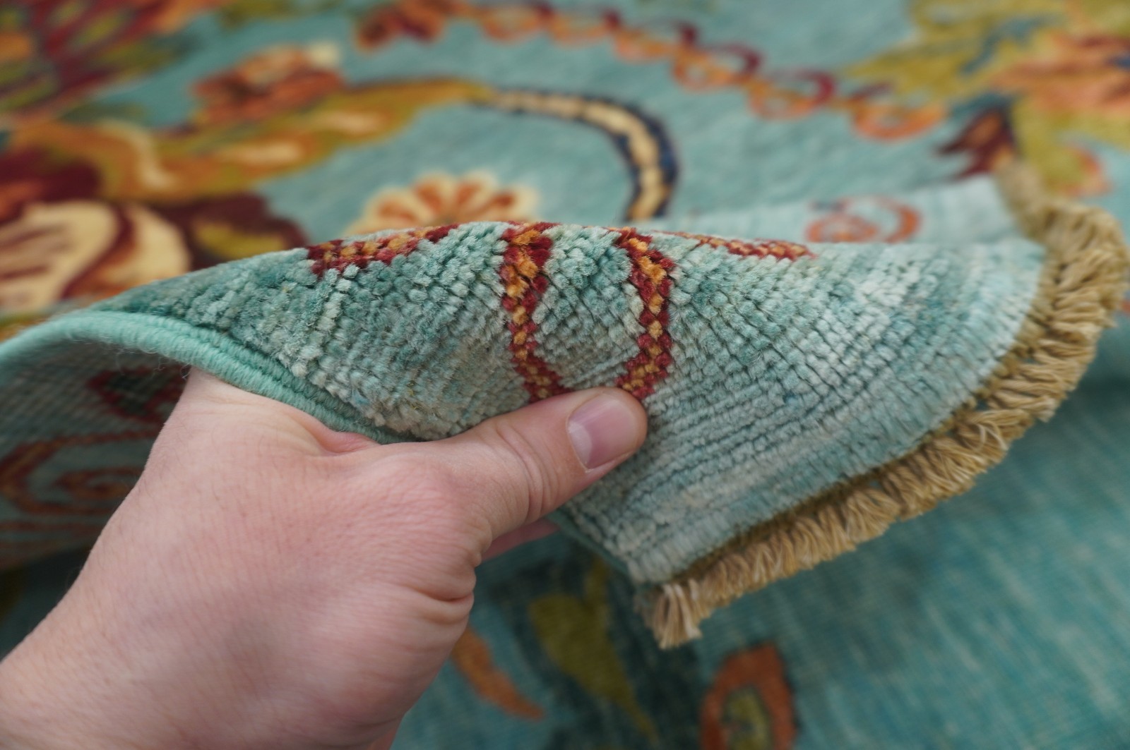 7×10 ft Turquoise Blue Floral Afghan Hand Knotted Wool Area Rug