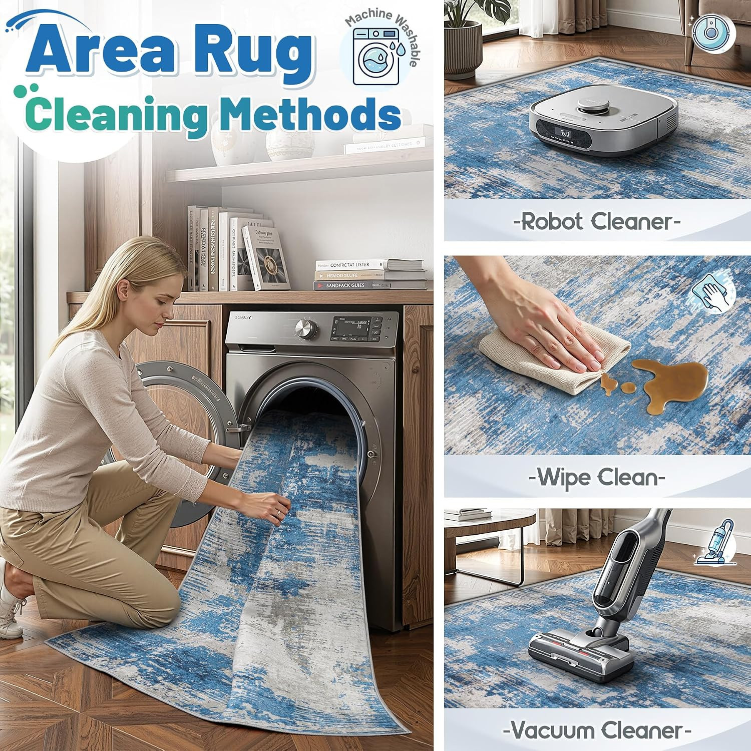 6X9 Area Rugs for Living Room Washable Rug(Blue Grey, 6’X9′) | Modern Abstract R