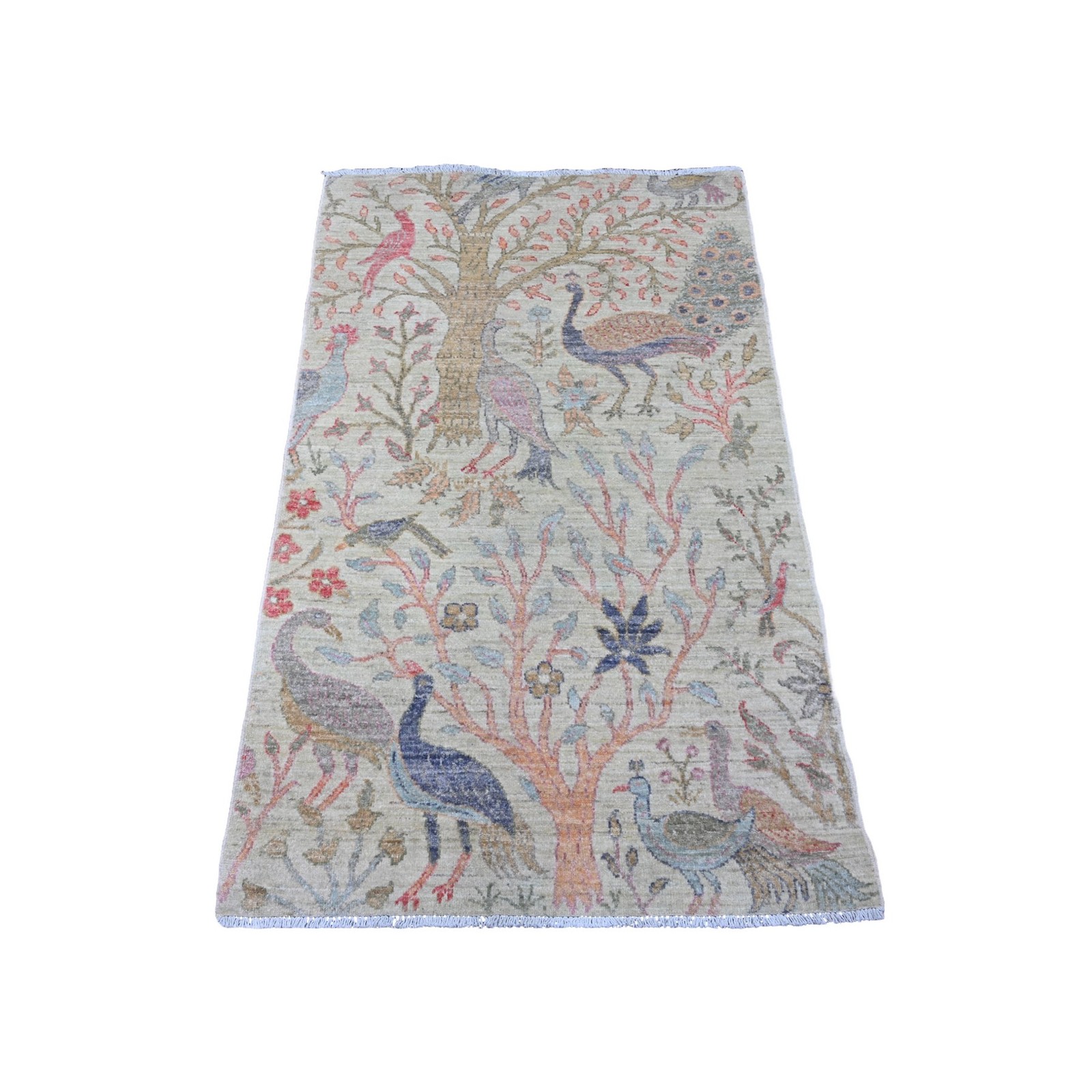 3′ x 4’8″ Green Soft Wool Afghan Peshawar Birds Design Hand Knotted Rug R20273