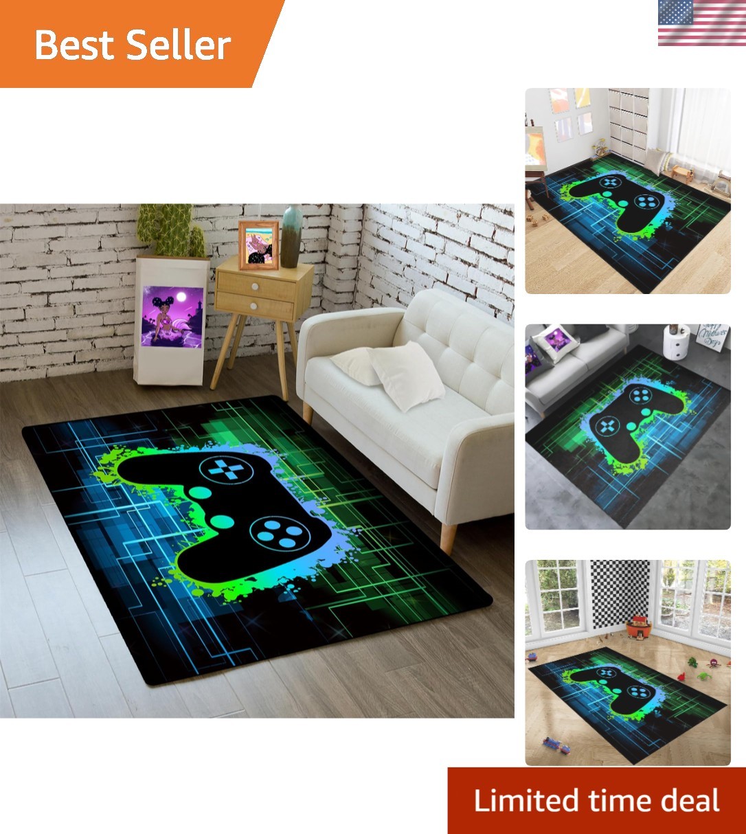 Video Game Rug Kids Bedroom Gamer Room Decor Playroom Gaming Mat 2×3