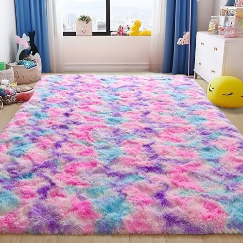 Cozy High Pile Rainbow Rug for Girls Room – 2′ X 3′ Water-Repellent Design