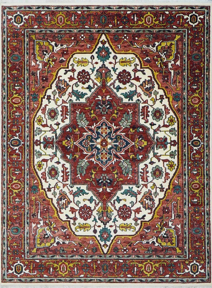 Ivory Rust Coral Serapi Traditional HandKnotted Rug Living Room Soft Wool Carpet