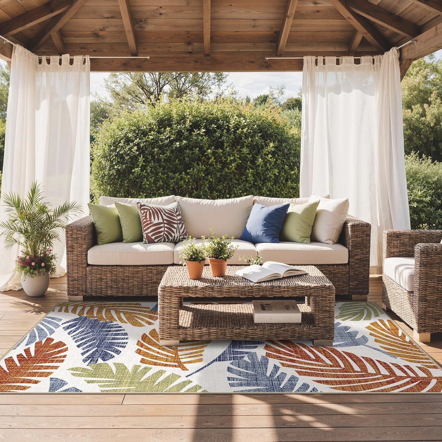 Outdoor & Indoor Area Rug 5 x 8 Rectangular Waterproof Leaf Rust Navy