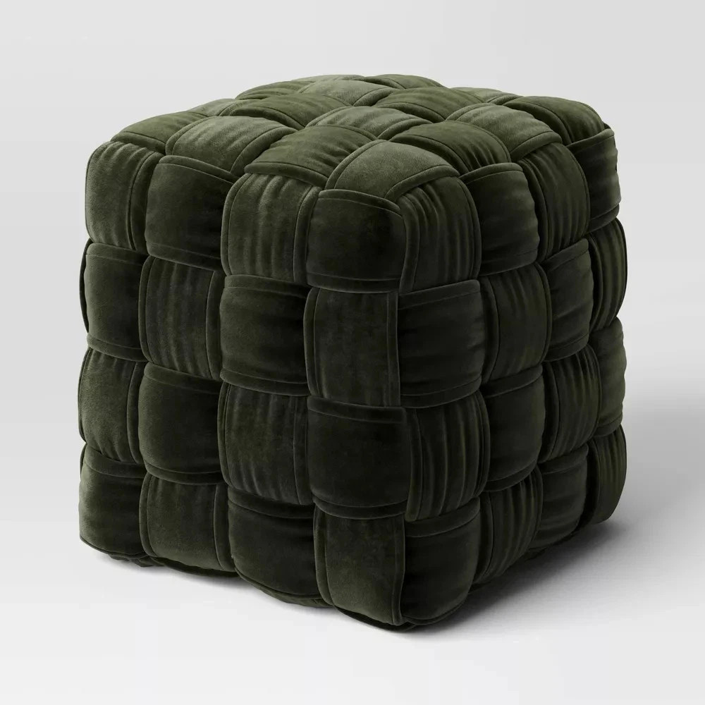 Square Woven Pouf Ottoman Green Velvet – Living Room Bedroom Hall Room