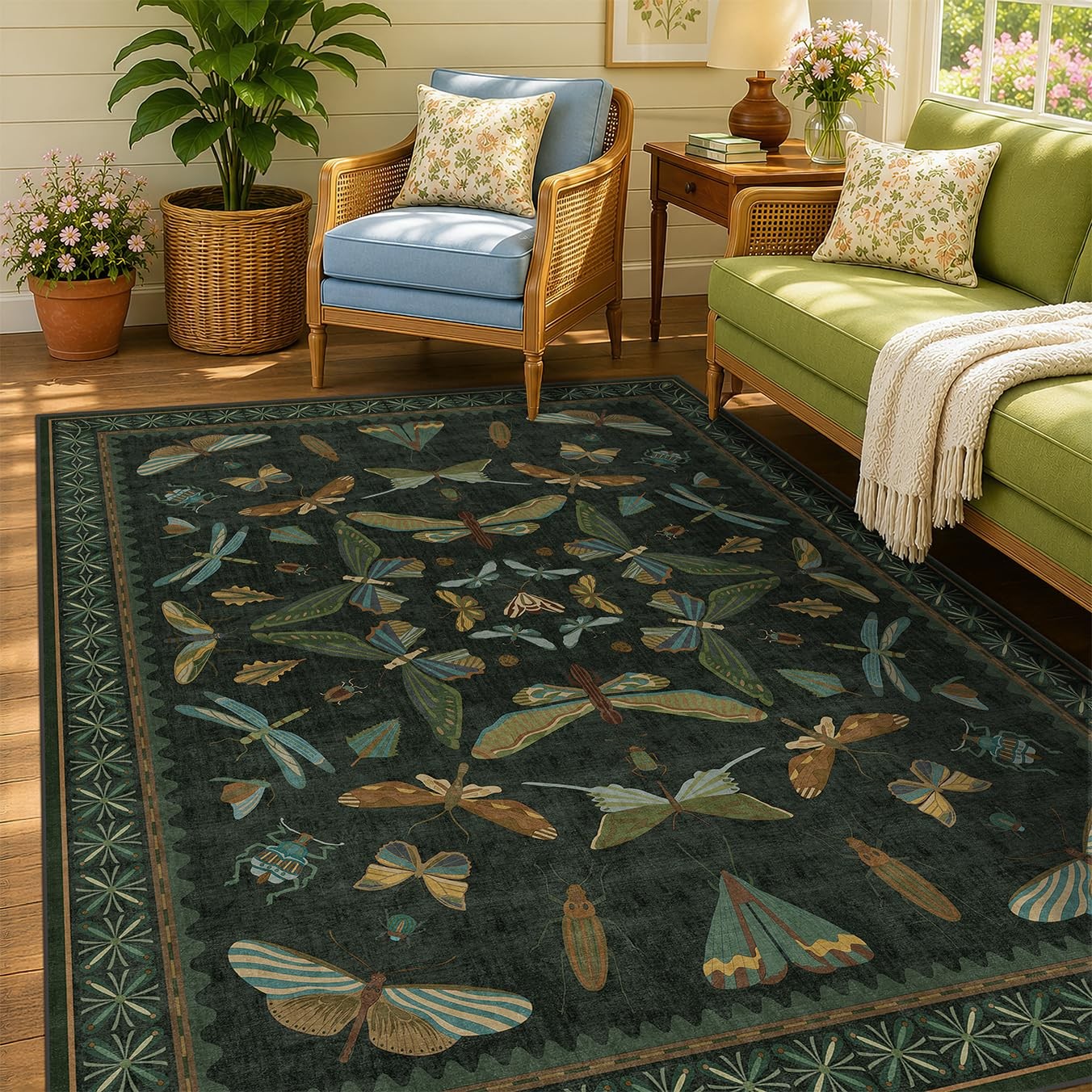 Best Dark Green Area Rugs 5×7 for Living Room – Fairy Fantasy Moss Dining Table