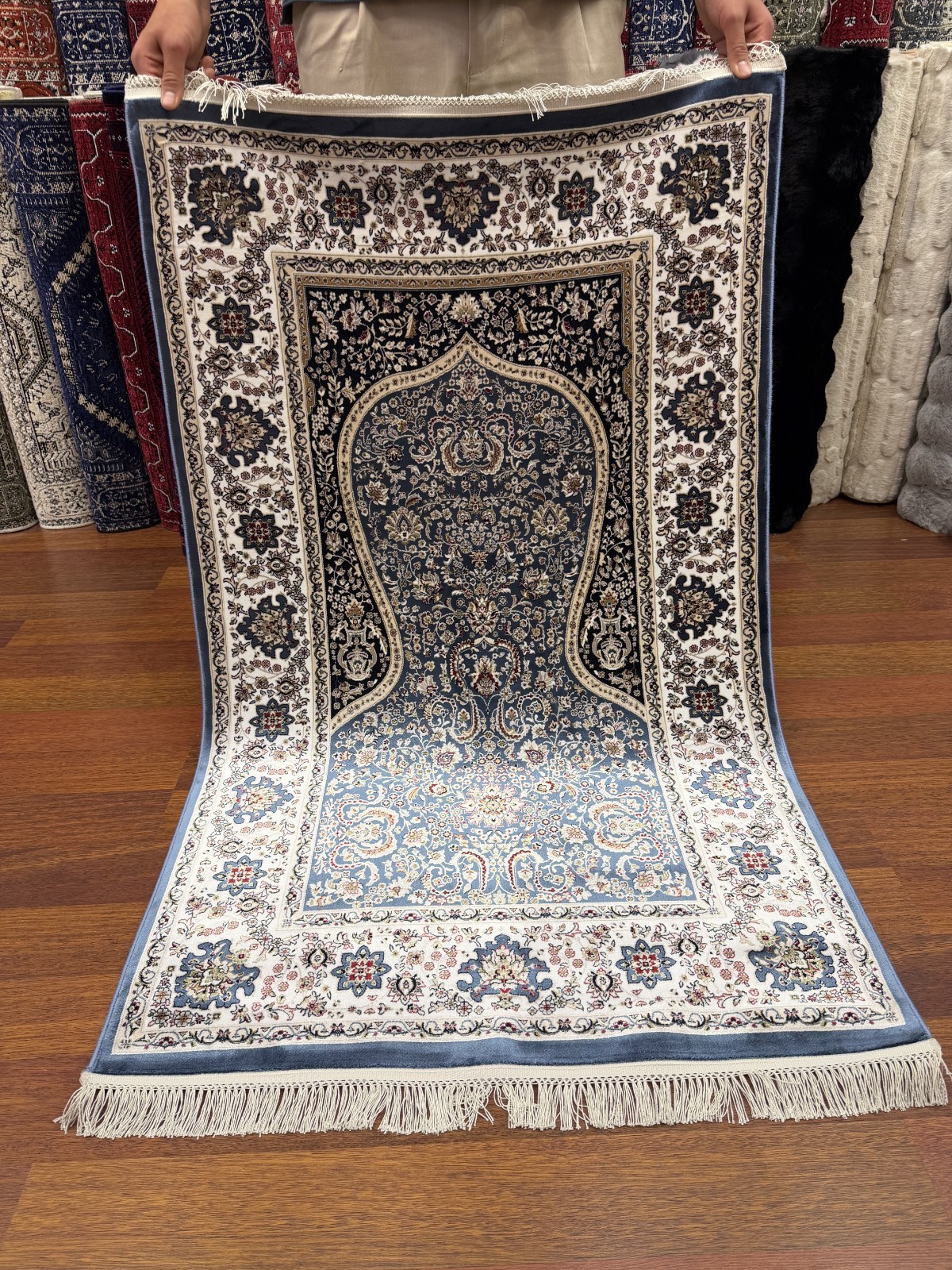 Turkish Silk Prayer Rug 3×5 FT Blue Islamic Seccade Brand New