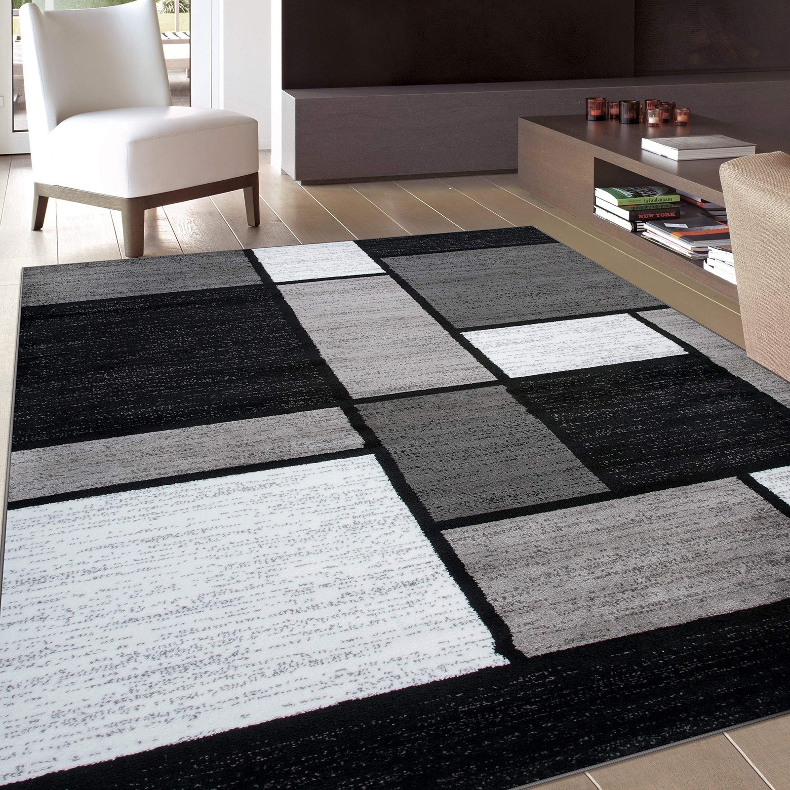 Contemporary Grey Rectangular Area Rug 710X102 Elegant Box Pattern Durable