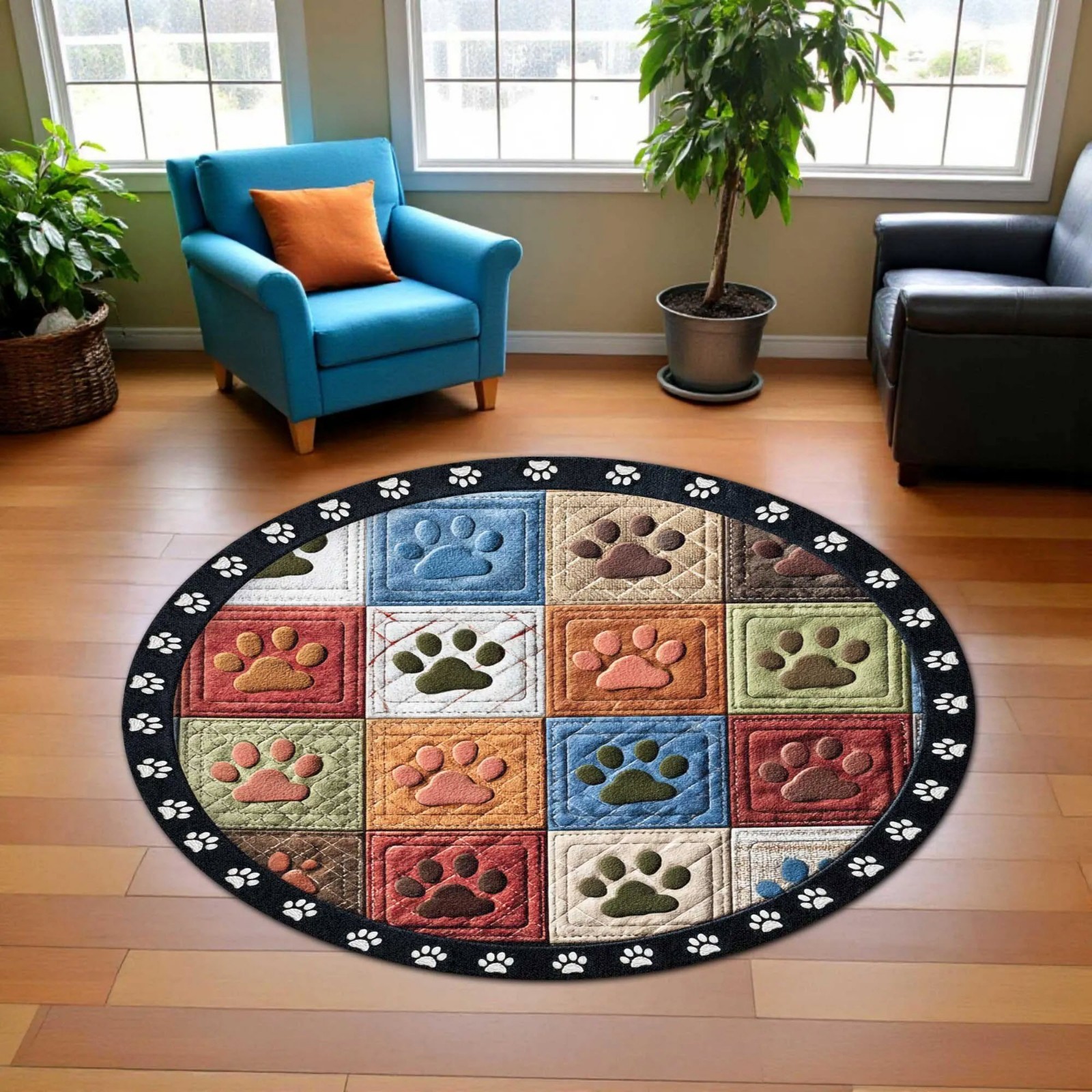 Dog Paw Round Rug Multi Color Pet Footprint Carpet Cozy Home Decor Gift Mat