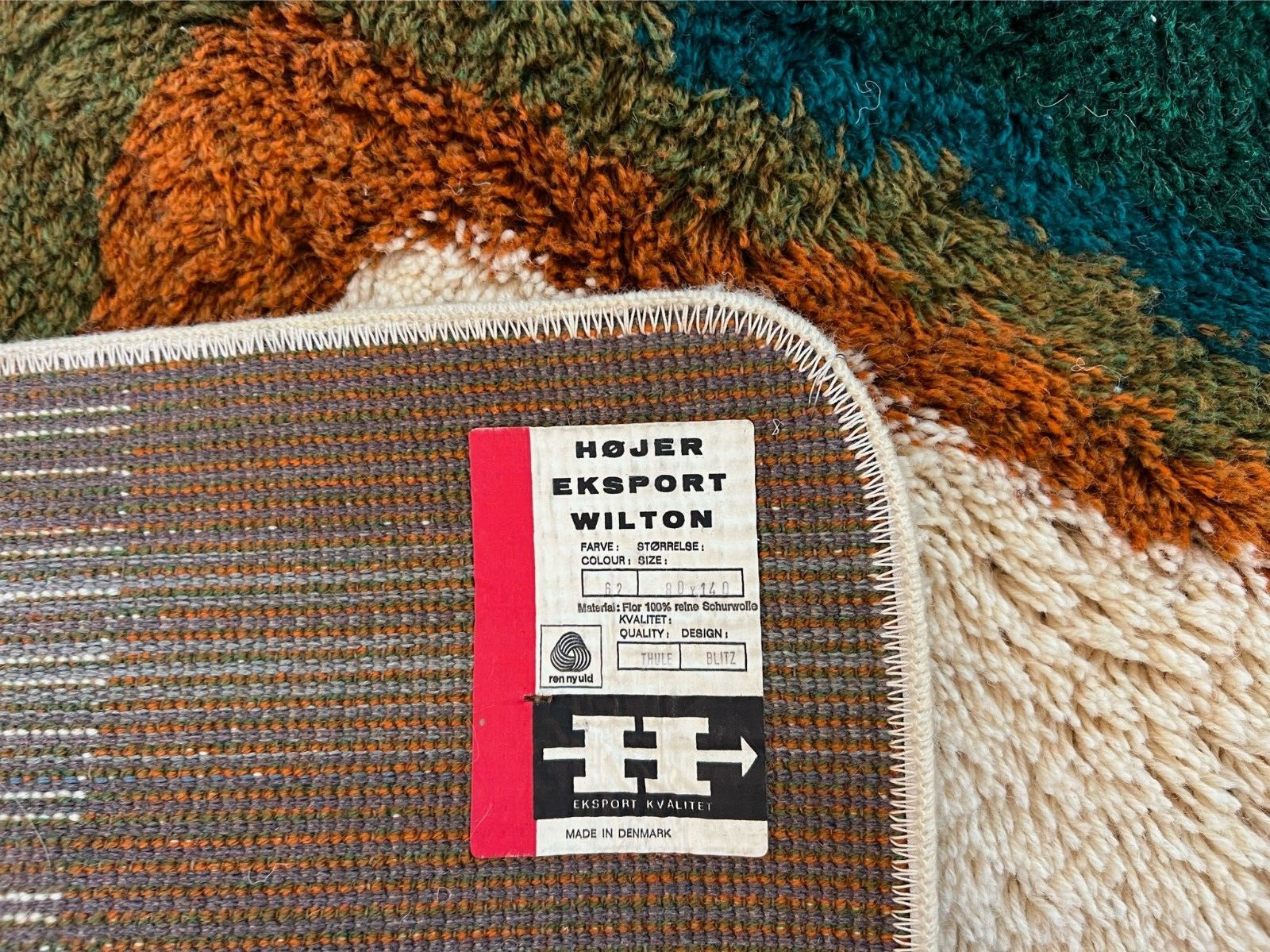 60’s HOJER EKSPORT WILTON Lightening UNUSED Rya Rug Danish Modern Mid Century