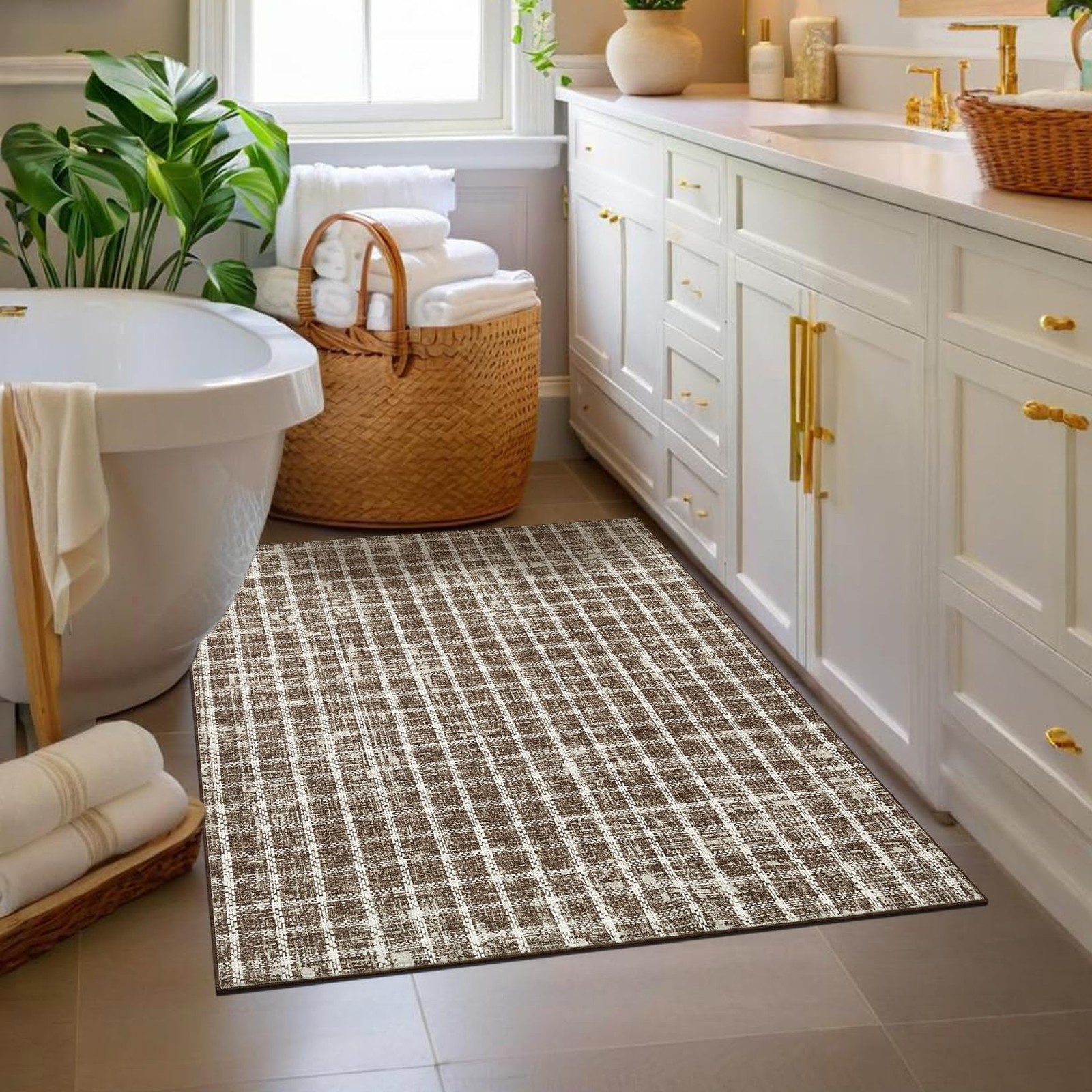 4×6 Rug Non-Slip Washable Low-Pile Carpet – Checkered Braided Geometric Print…