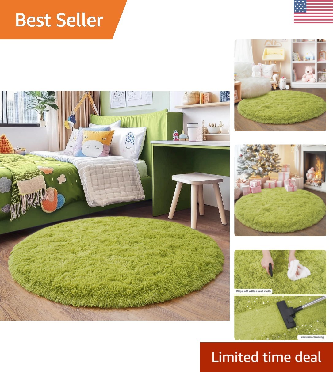 Cozy 3’x3′ Grass Green Round Shag Rug – Ideal for Living Room and Playrooms