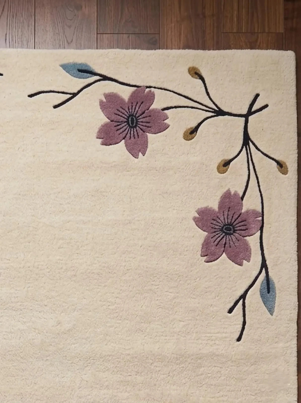 Hand Tufted Wool Rug, Floral Border Area Rug, Cream and Pink Flower Carpet, 8×10