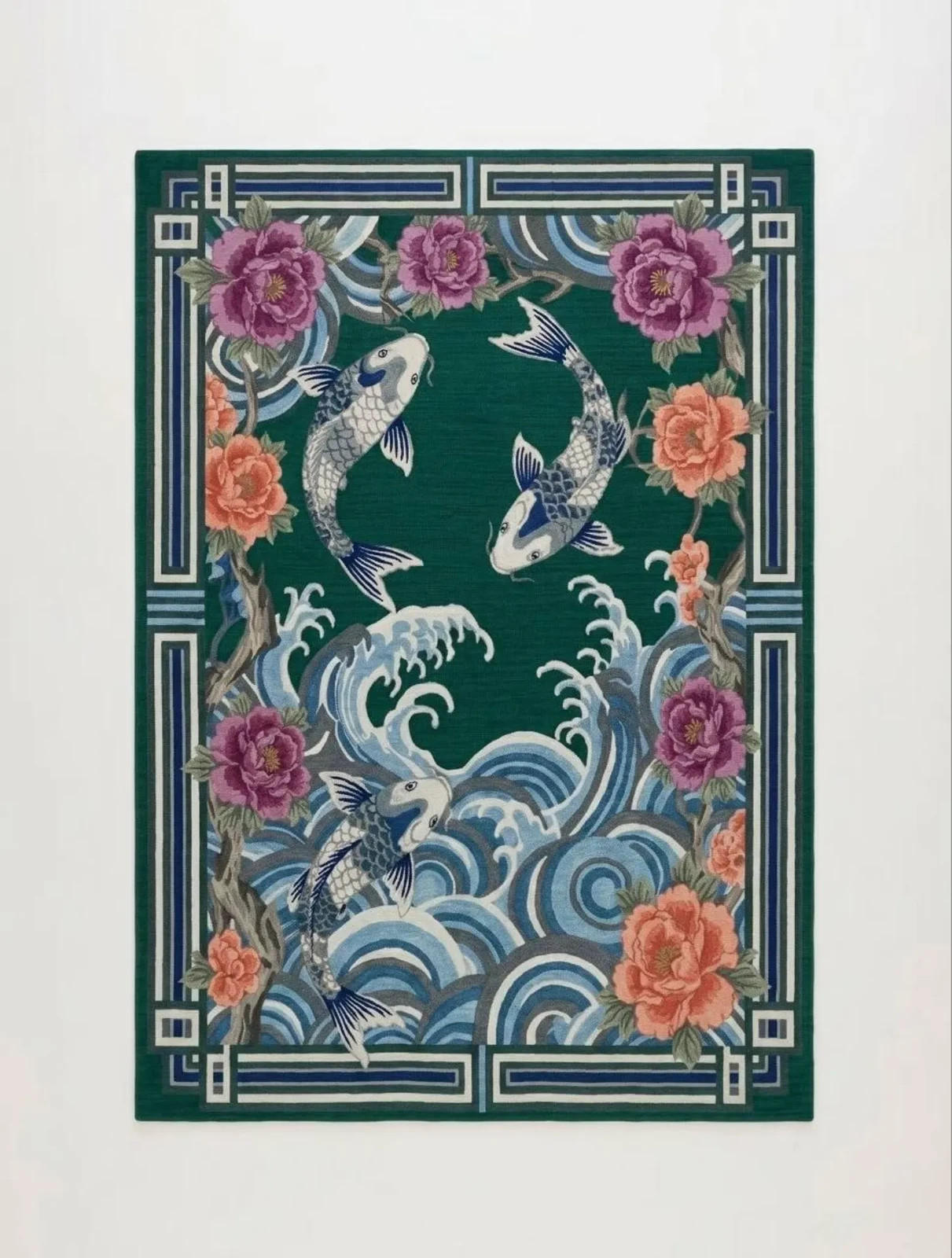 Emerald Green Koi Fish Wool Rug Japanese Wave & Peony Art Carpet Design Rug