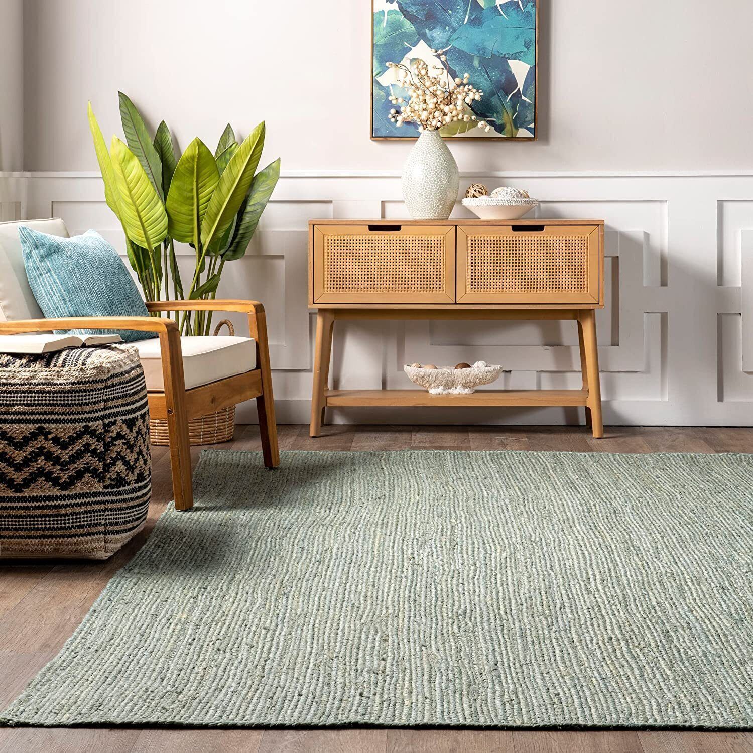 Rug Carpet Jute Sea Green Natural Handmade Braided Farmhouse Decor Rustic Modern