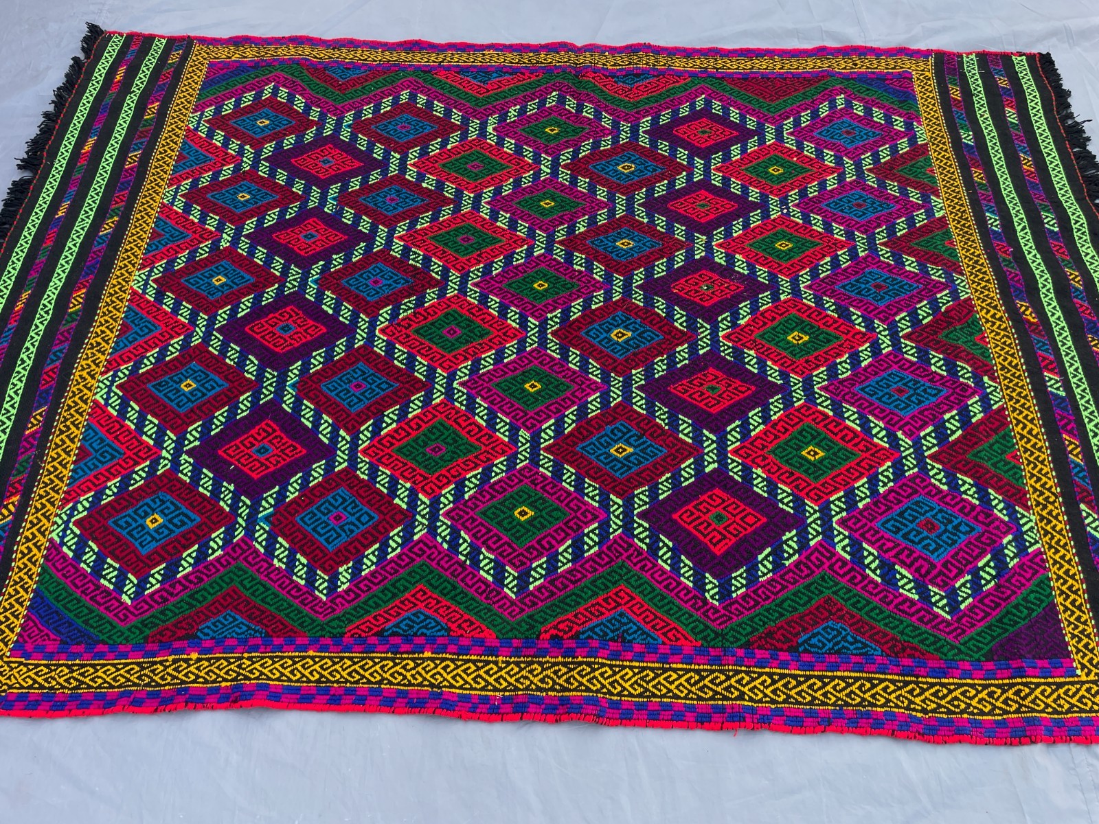 4×5 Bright Uzbek Soumak Rug Handwoven Tribal Geometric Flatweave Carpet.