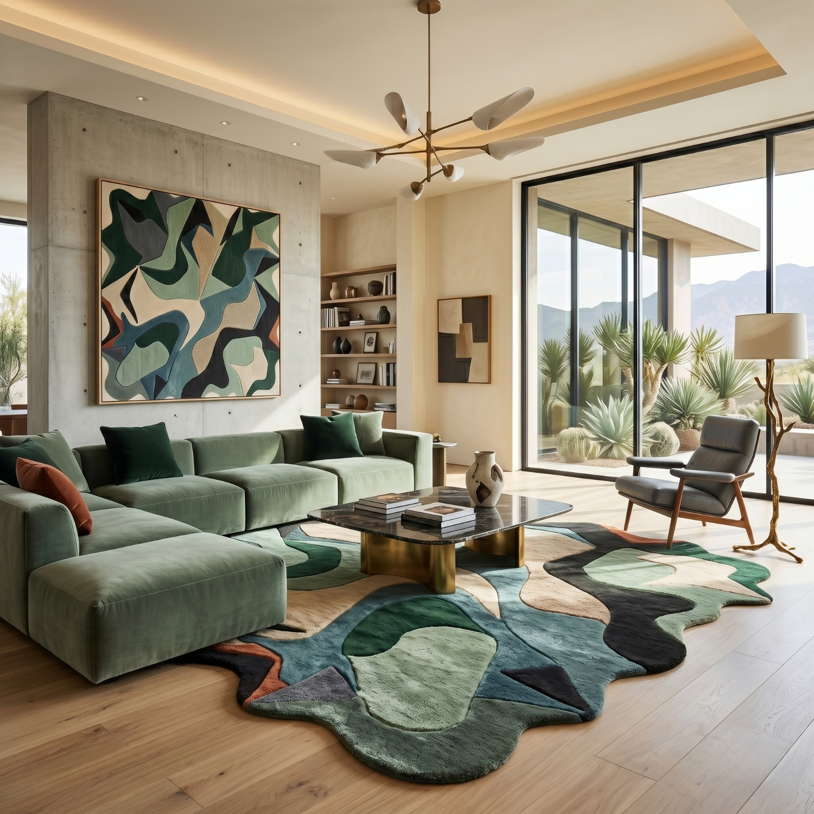 8×10 Green Teal Rust Abstract Wavy Hand Tufted Wool Rug Modern Living Room Area