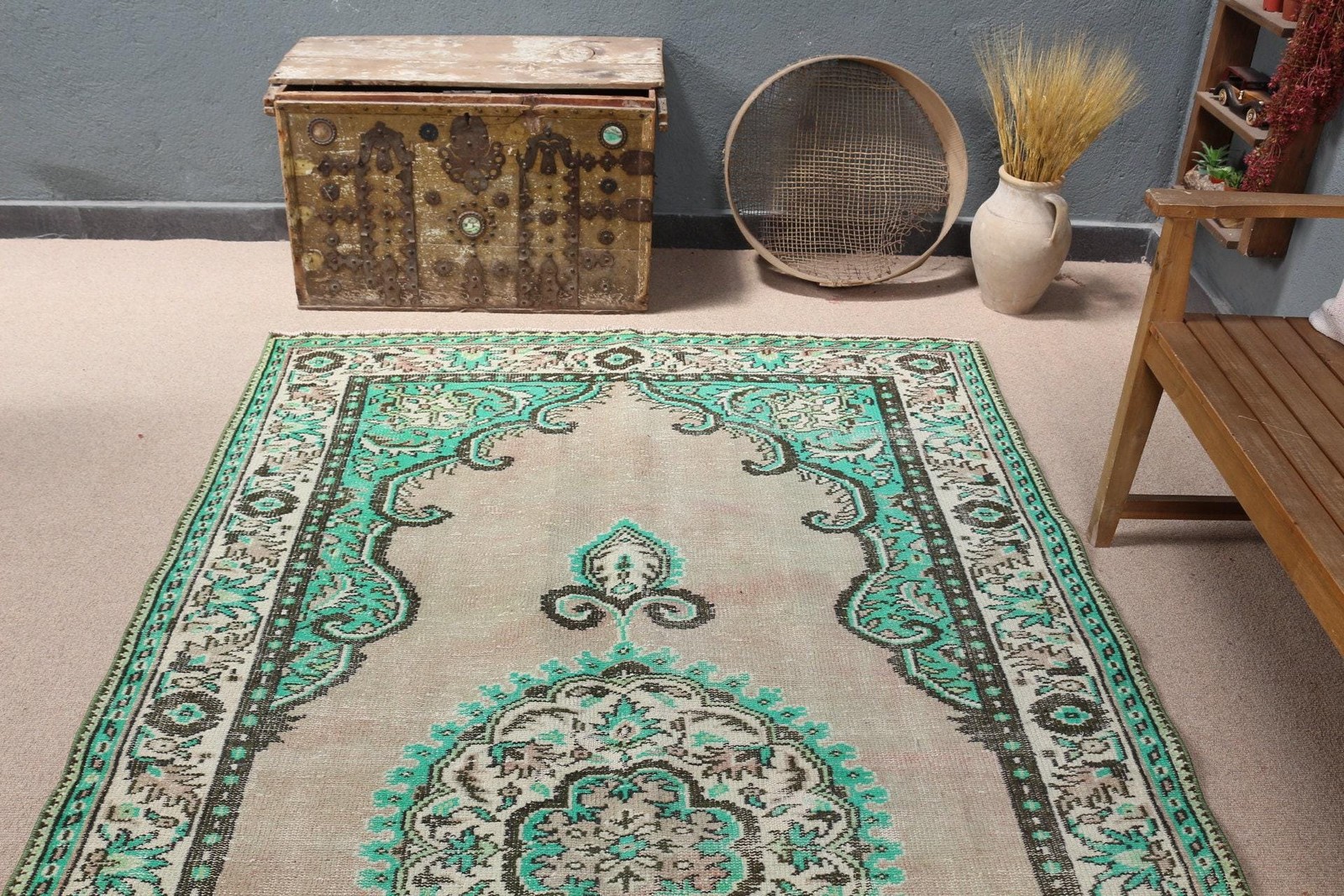 5,2×9,2 ft Turkish Rug, Vintage Large Rug, Green Blue Polka dot Rug