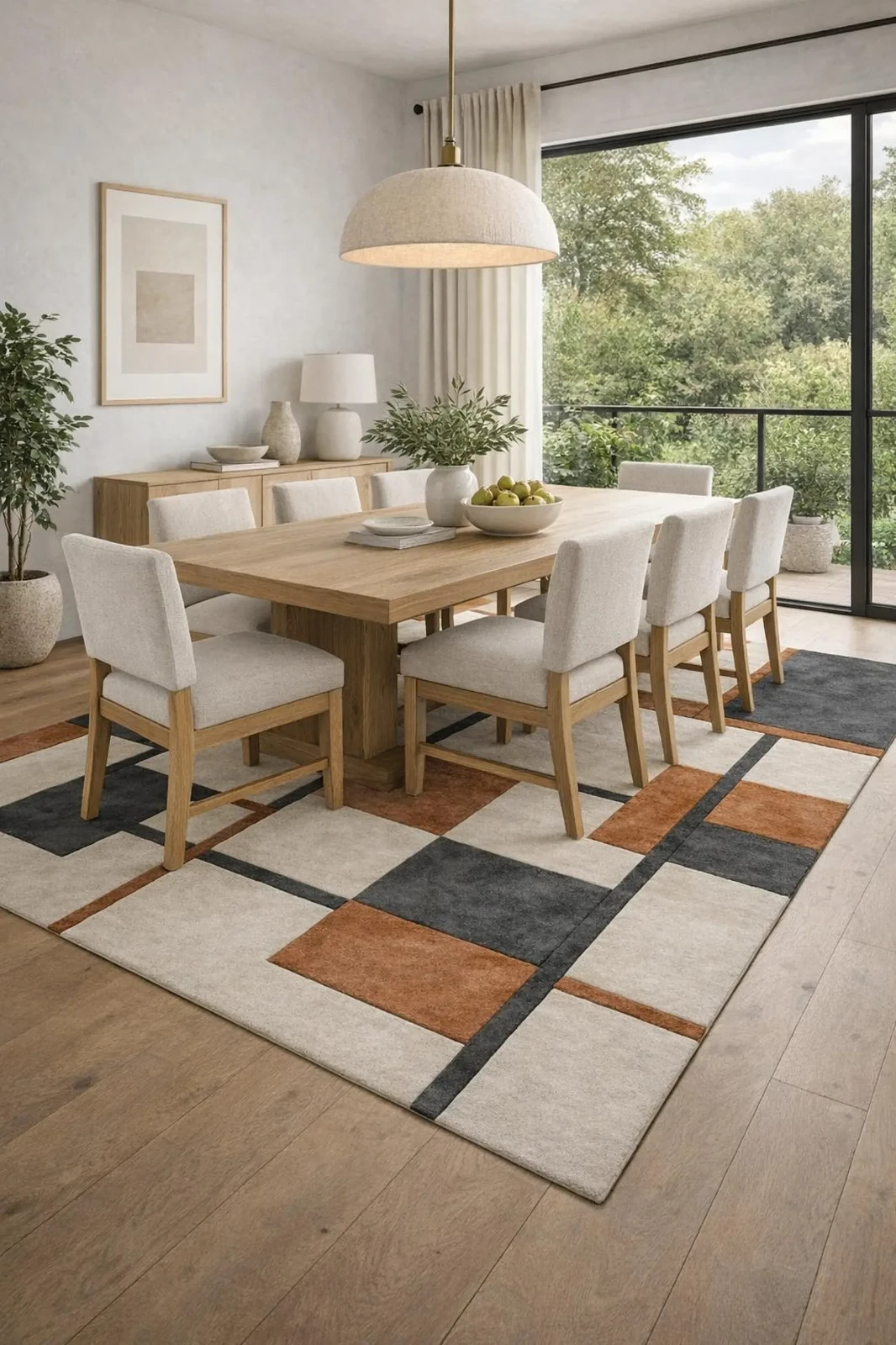 Hand Tufted Wool Area Rug | Modern Geometric Tiles, Rust Black Beige Carpet.